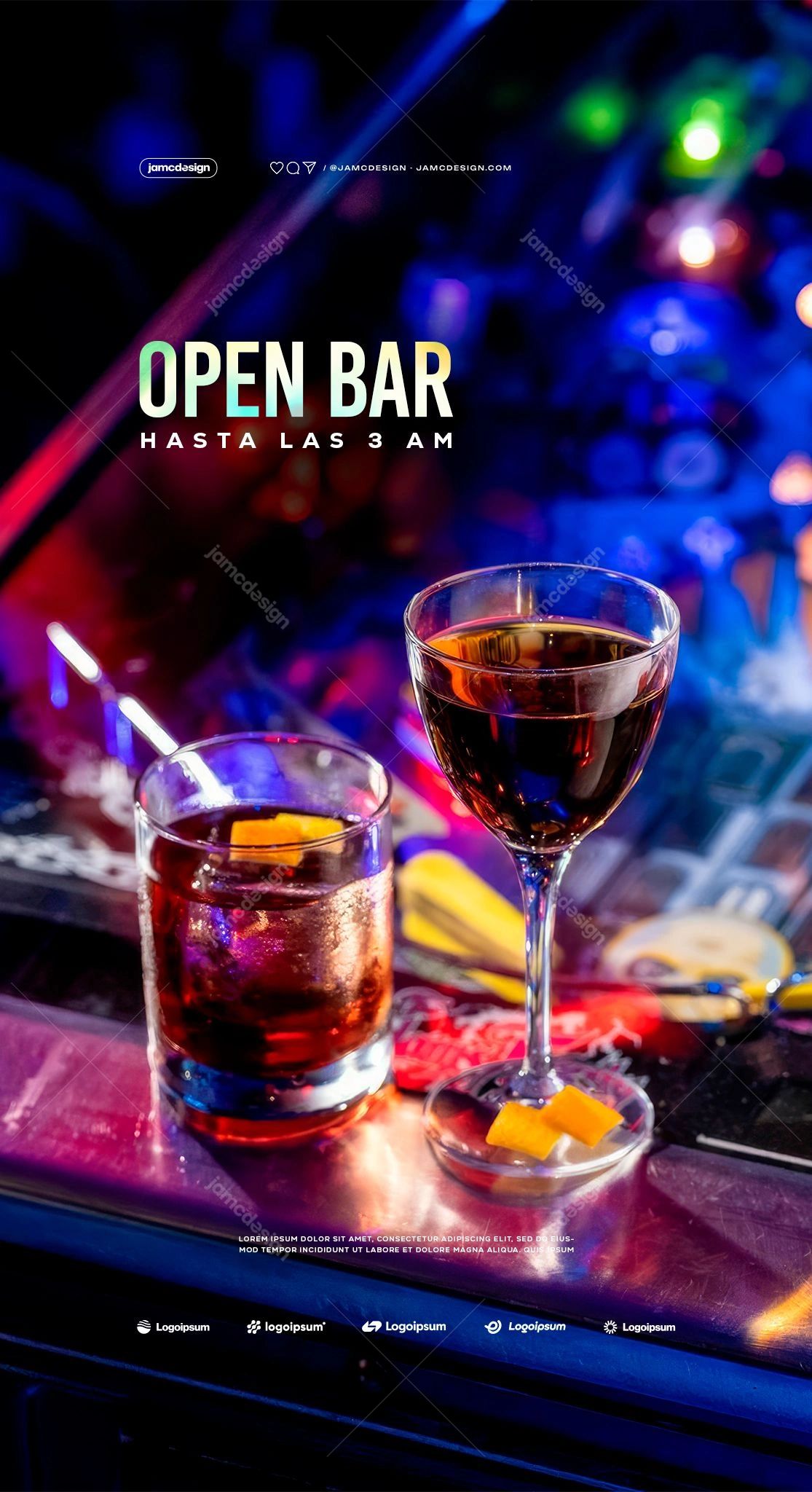 Open Bar Flyer Template PSD With Tumbler And Wine Glass. Editable PSD template for an open bar social media flyer