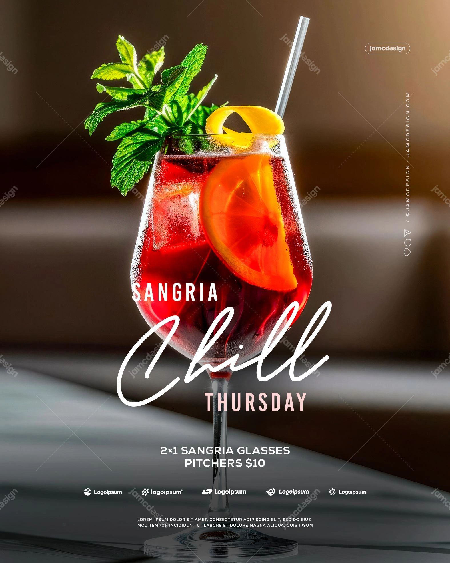 Sangria Chill Thursday 2X1 Drinks Flyer Template PSD Editable. Editable PSD template for a social media drinks promotion flyer