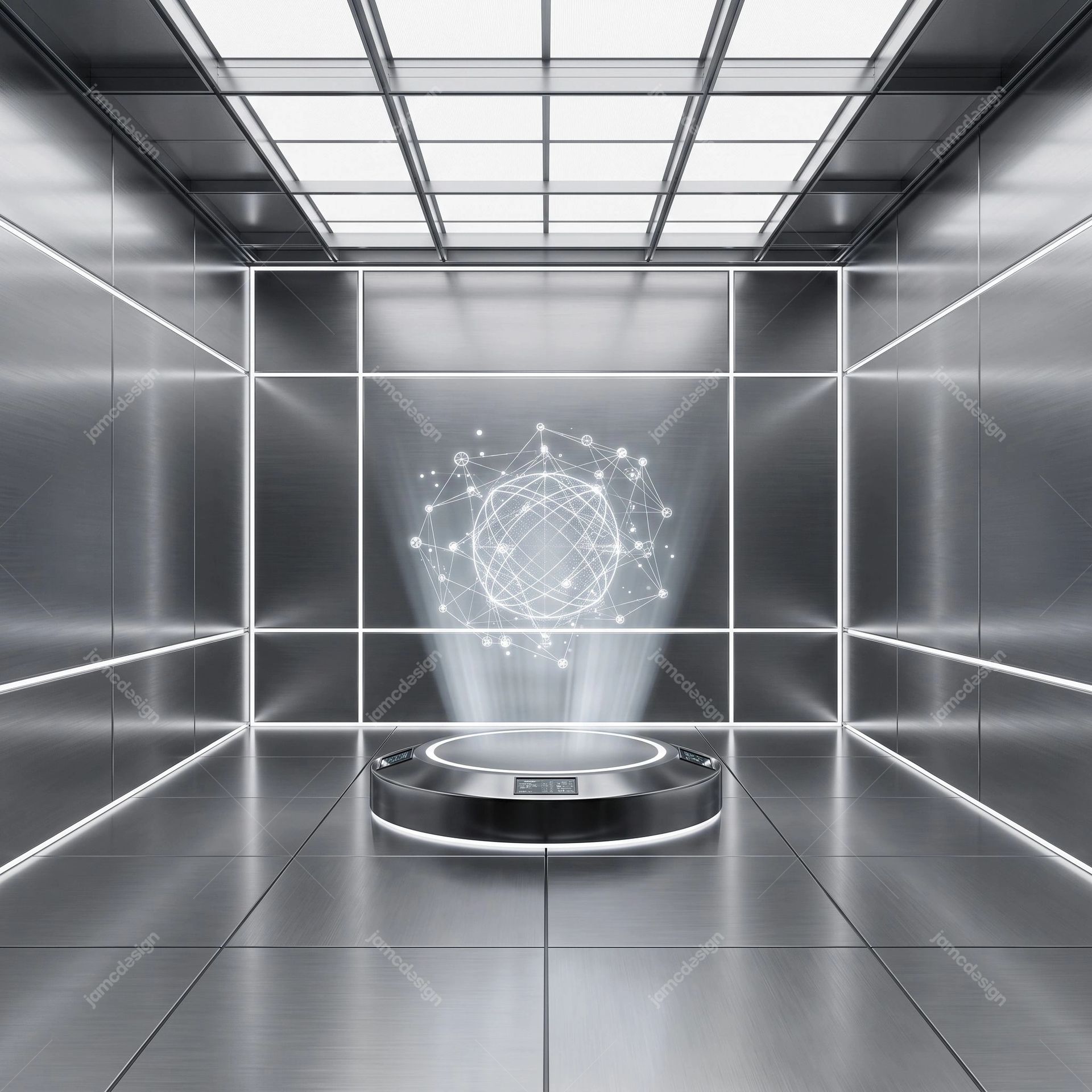 Futuristic Silver Room With Circular Platform Background. Download this JPG background showing a silver futuristic room with reflective metal walls