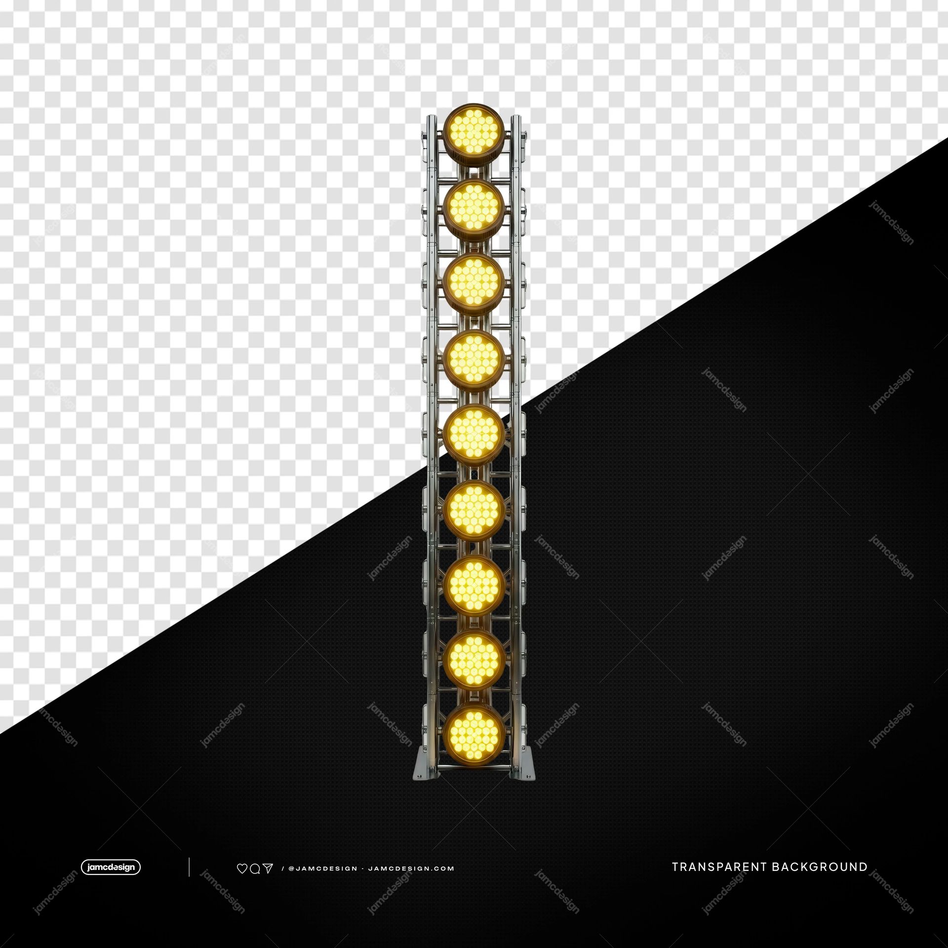 Vertical Stage Truss With Yellow LED Lights PNG. A transparent PNG cutout shows a metal stage truss with a row of glowing yellow LED lamps