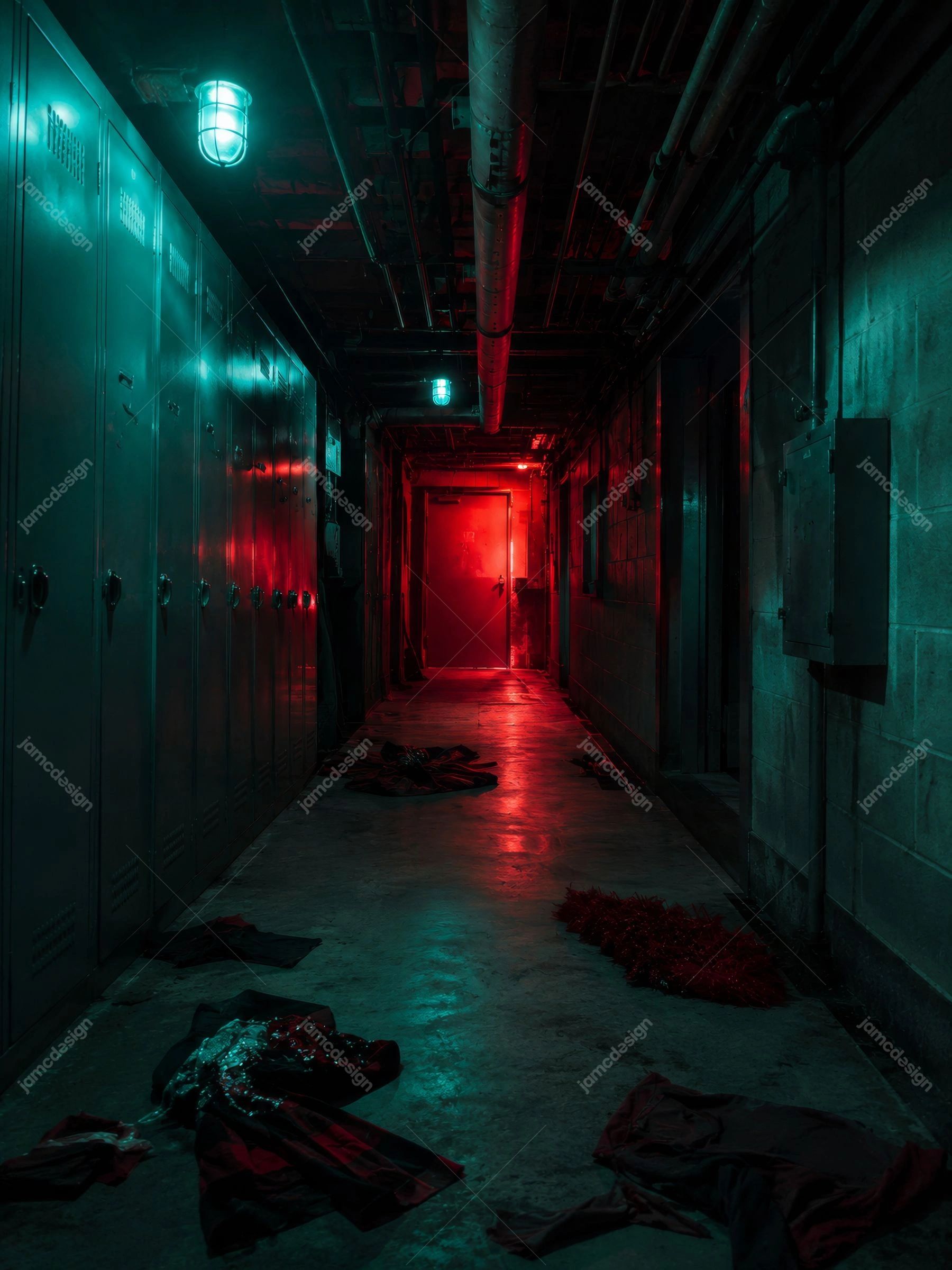 Cheerleader Pom Poms Haunted Locker Room Background. JPG background showing a dark locker room corridor with metal lockers, exposed pipes