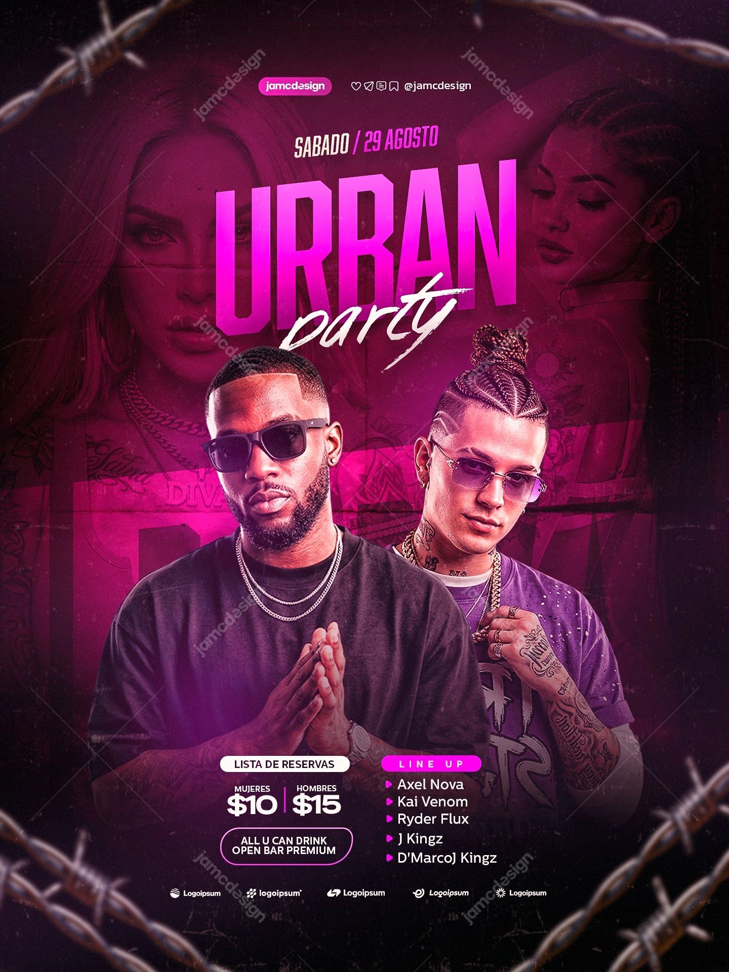 Urban Party Magenta Portraits Flyer PSD. Editable PSD event flyer template for an urban night party, featuring four fashion styled figures
