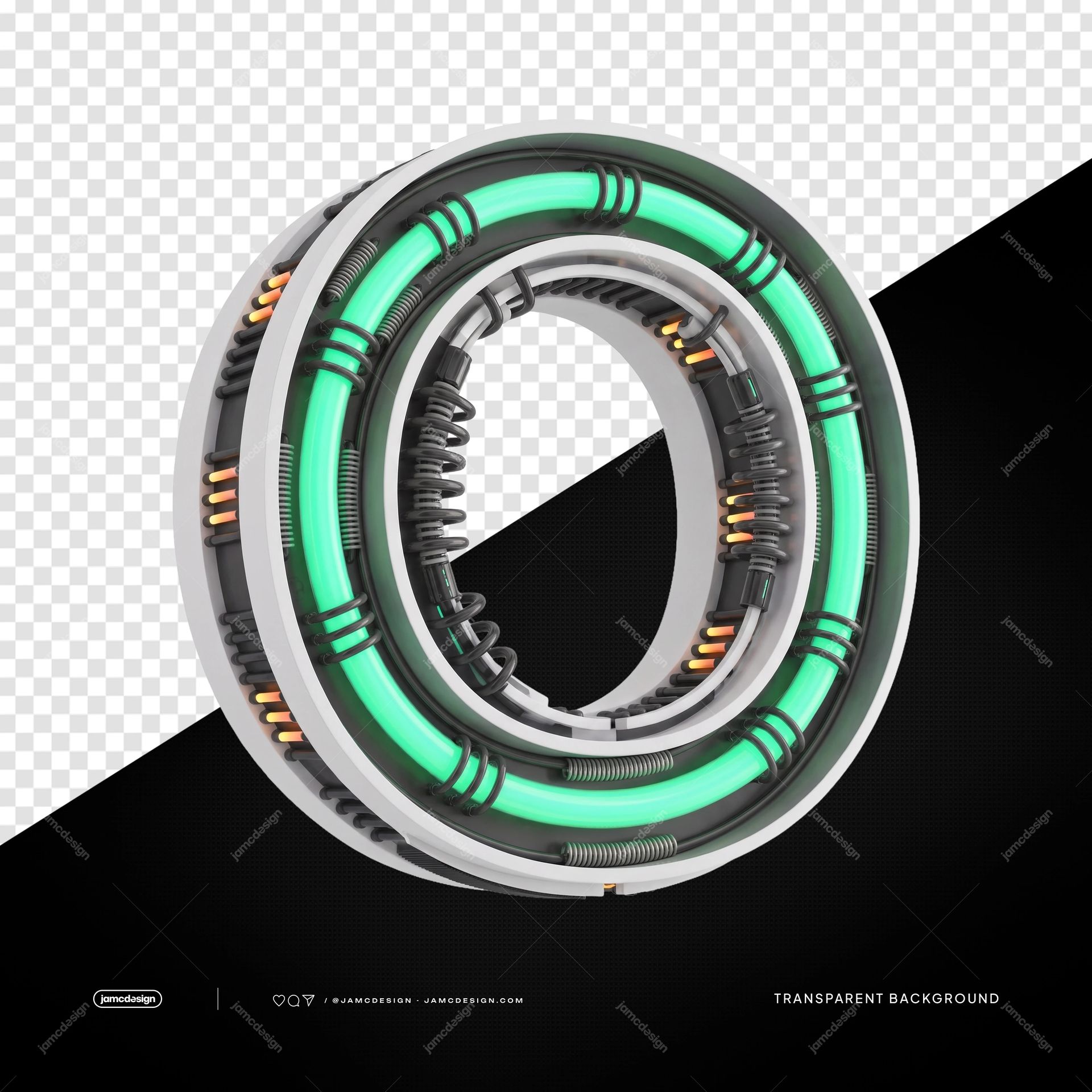 3D Futuristic Industrial Neon Letter O PNG Transparent Background. 3D letter O rendered as a PNG transparent object with an industrial sci-fi design