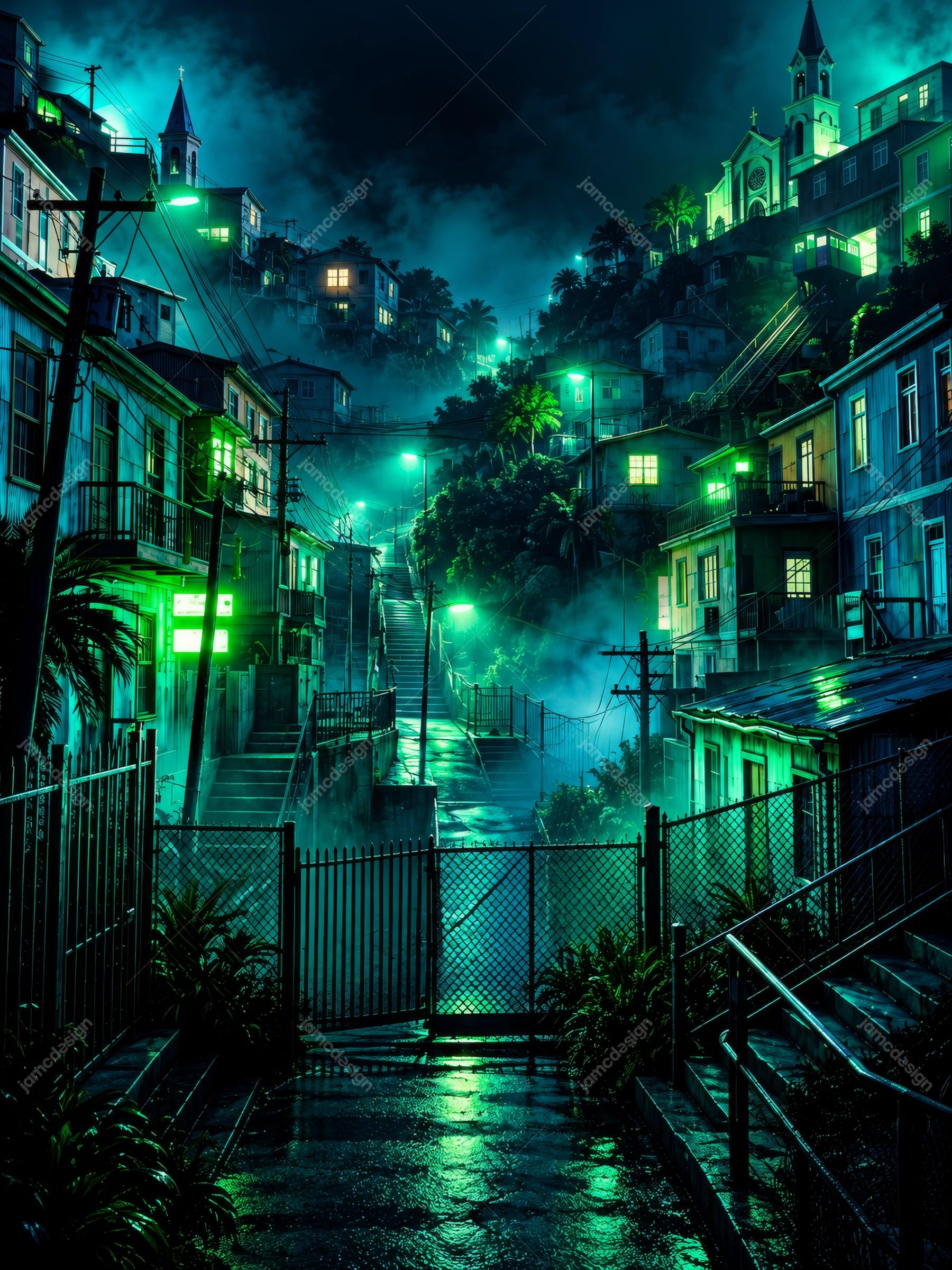 Neon Green And Teal City Street With Church Steeples Background PNG. Download this PNG background showing a misty urban street lined with buildings and church