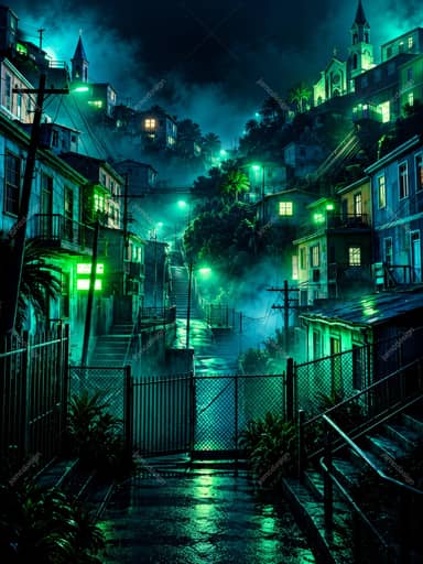 Neon Green And Teal City Street With Church Steeples Background PNG