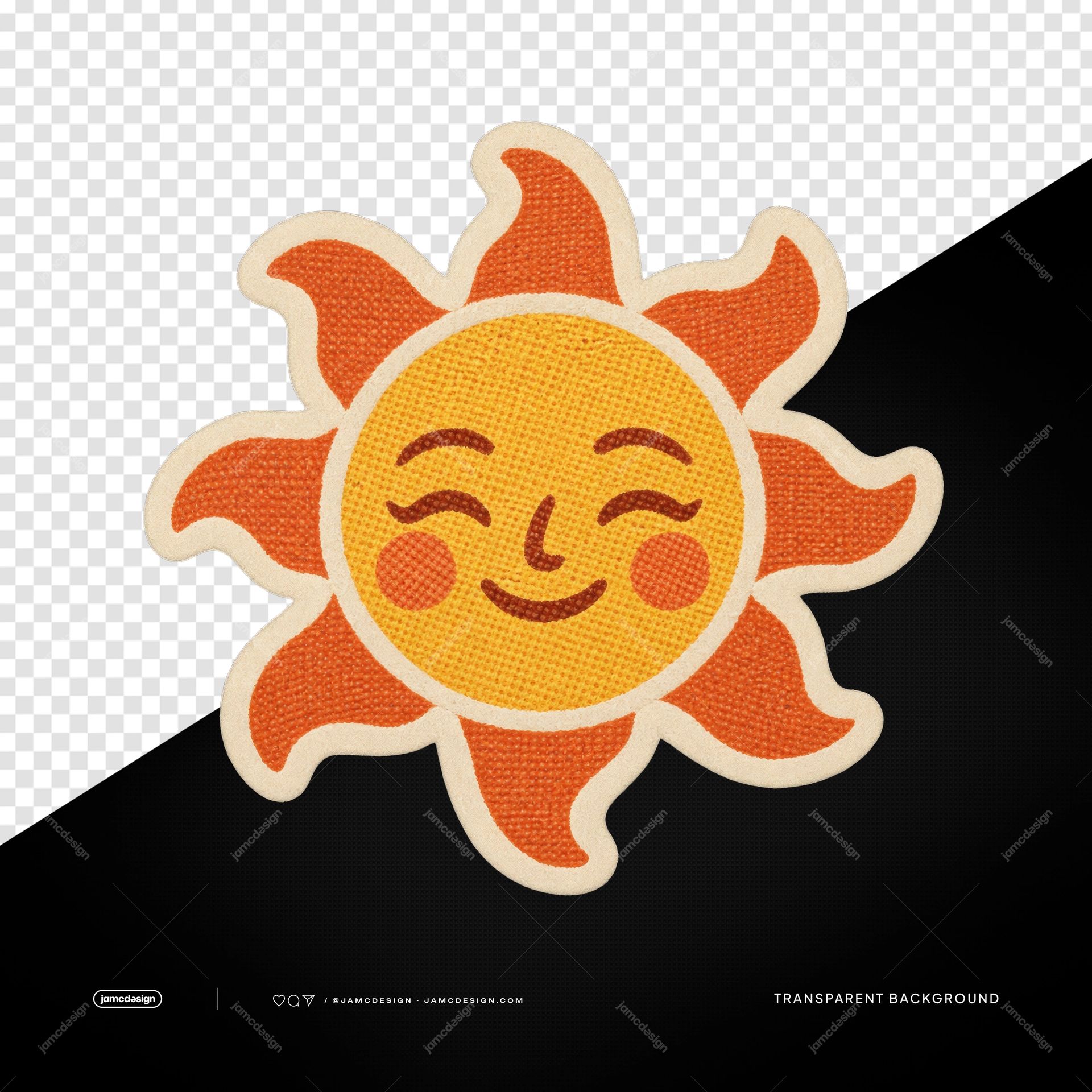 Pegatina Retro De Sol Sonriente Bordado PNG. Descarga este objeto en PNG con fondo transparente, que presenta un sol sonriente con rayos naranjas