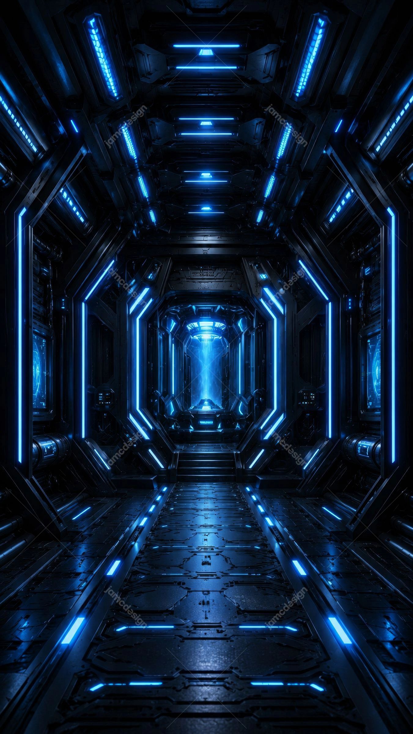 Fondo De Corredor Futurista Con Núcleo De Energía Azul. Fondo de un corredor futurista suministrado en formato JPG