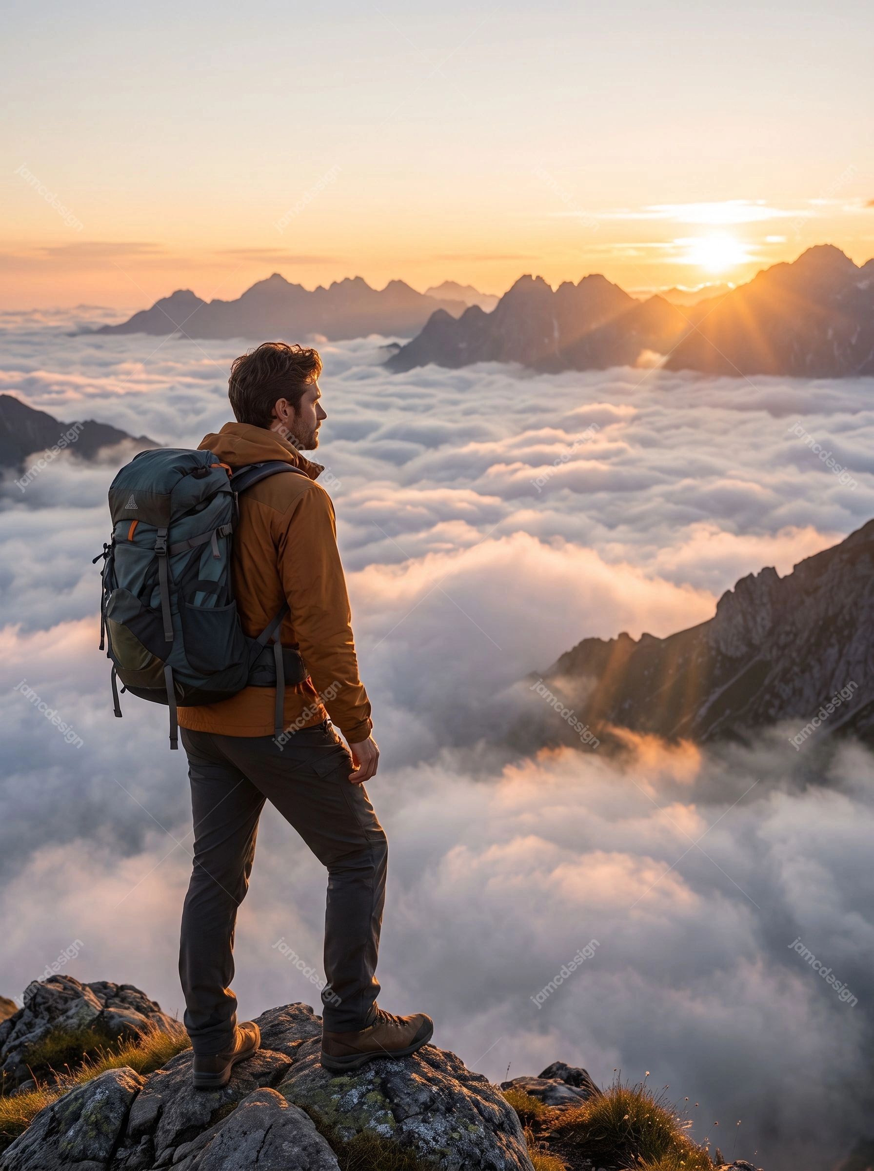 Hiker Watching Sunrise Above Mountain Clouds. JPG photo of a male hiker with a backpack standing on a rocky mountain summit above a sea of clouds