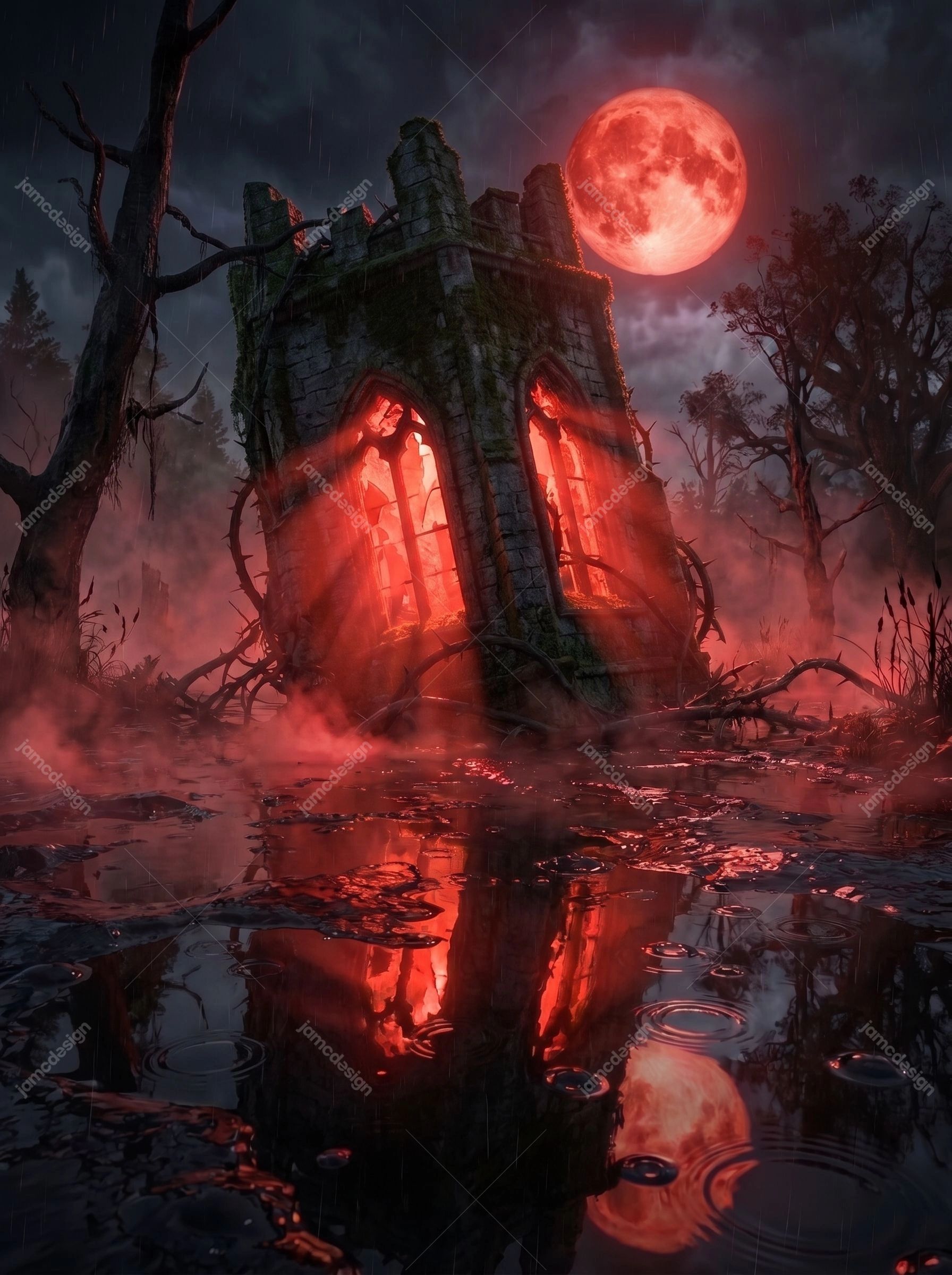 Red Light Gothic Ruins Halloween Crimson Moon Background. JPG background featuring a ruined Gothic stone building beneath a red full moon