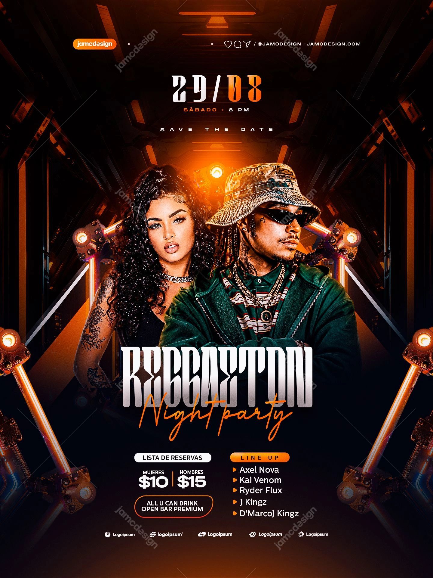 Reggaeton Night Flyer PSD In Futuristic Tunnel. Editable PSD event flyer template for a reggaeton night party