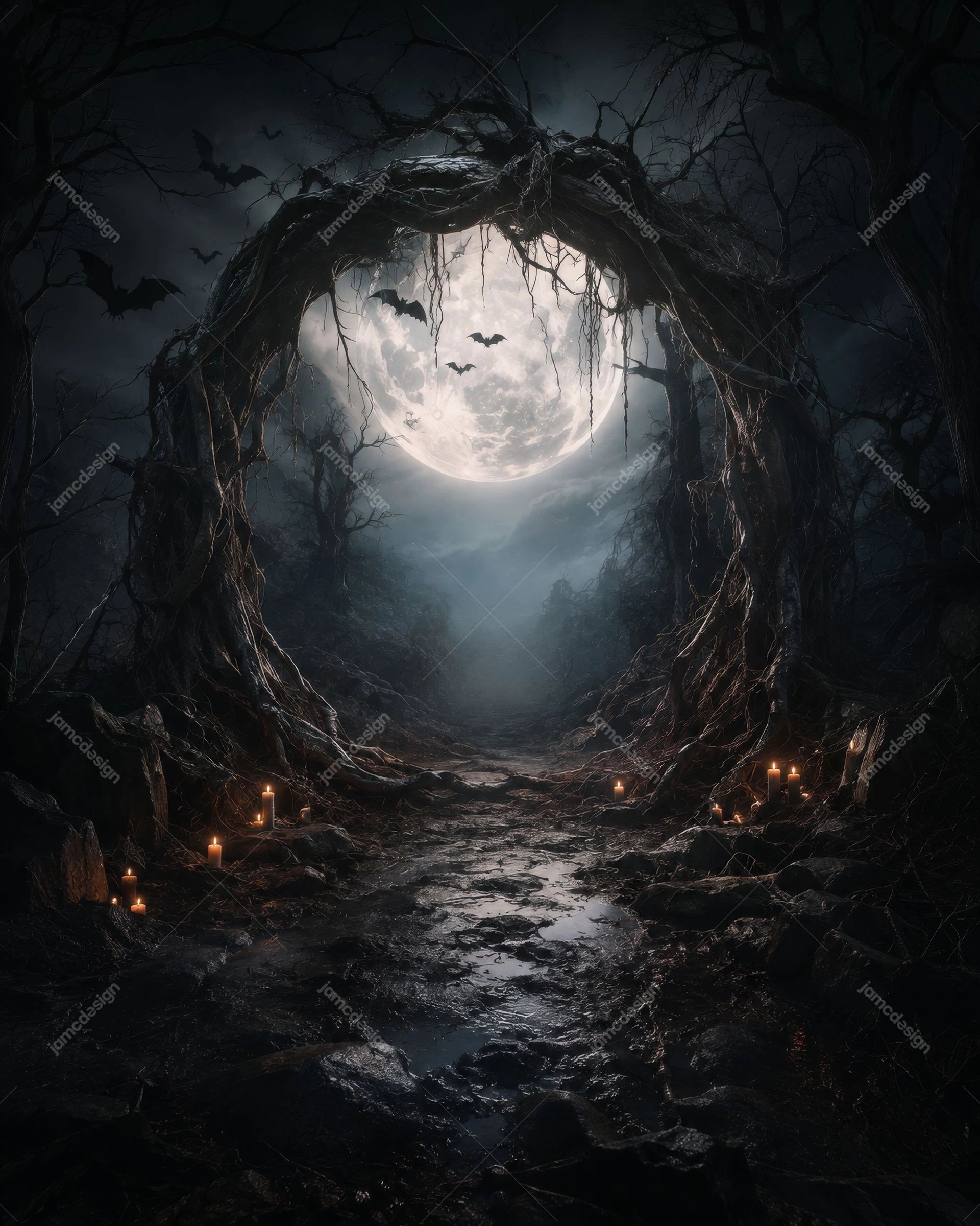 Haunted Forest Moon Portal Halloween Background. Haunted forest background supplied as a JPG, showing a moonlit woodland path framed by twisted trees