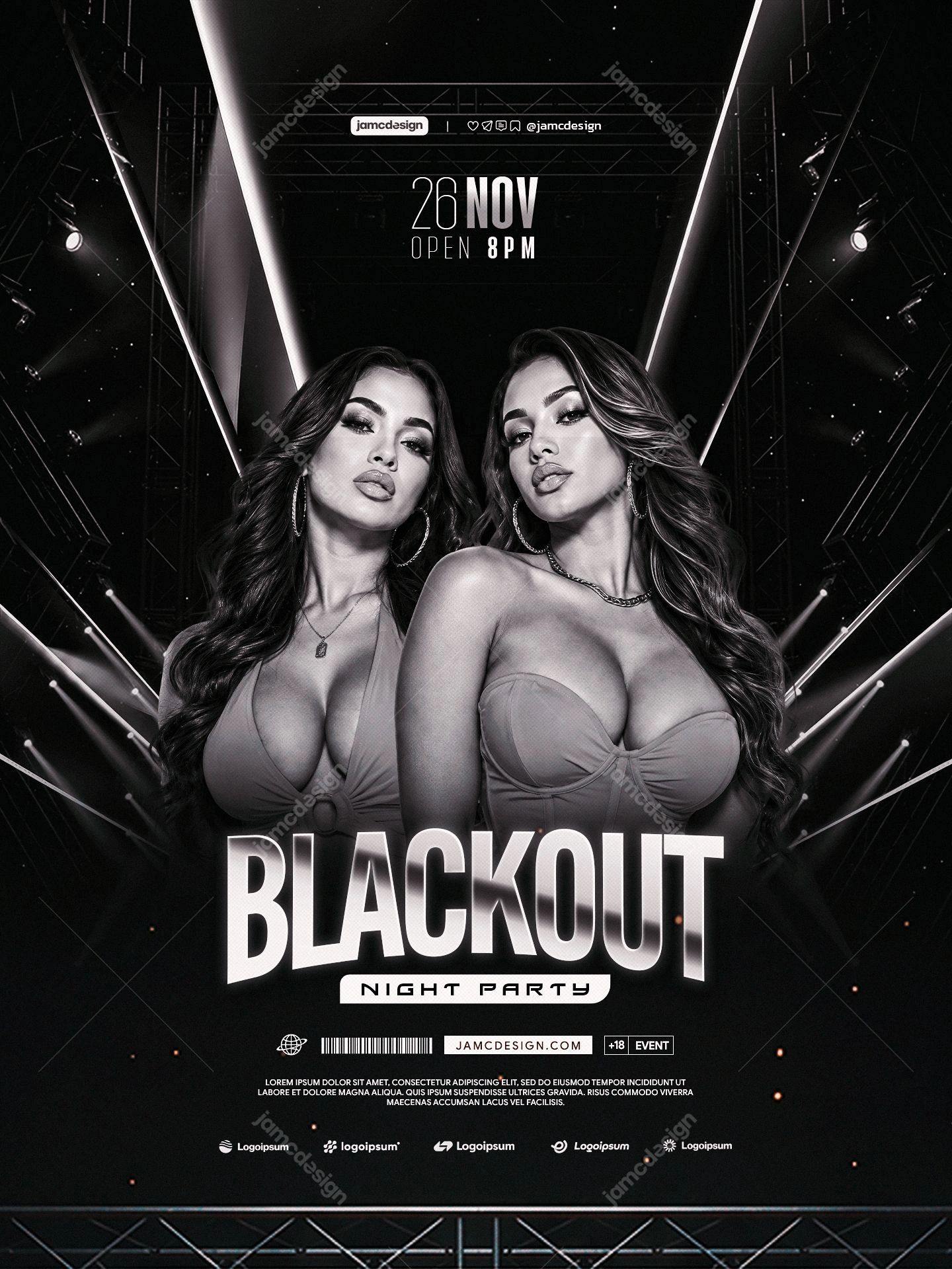 Blackout Party Flyer Template With Light Beams PSD. This editable PSD event flyer features two women against a dark stage structure
