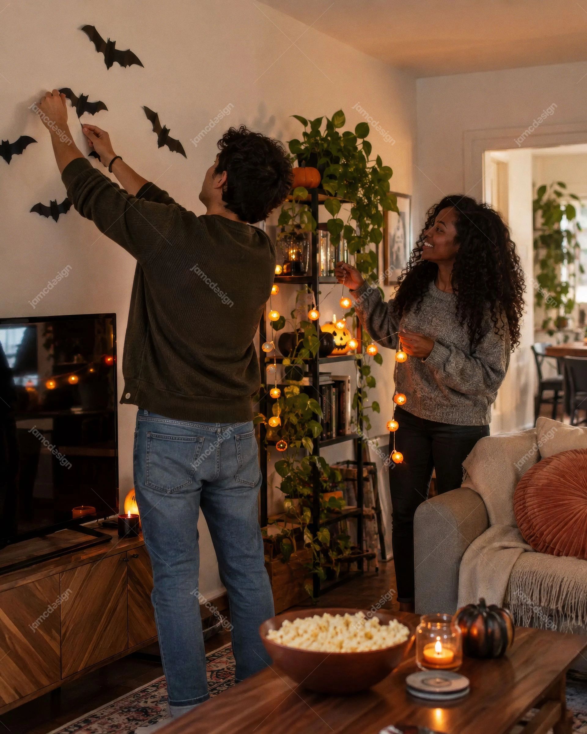 Pareja Decorando La Sala Para Halloween. Descarga esta foto JPG de una pareja decorando una sala de estar para Halloween, con recortes de murciélagos