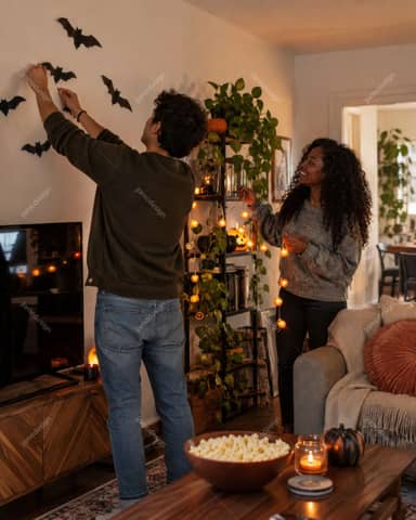 Pareja Decorando La Sala Para Halloween
