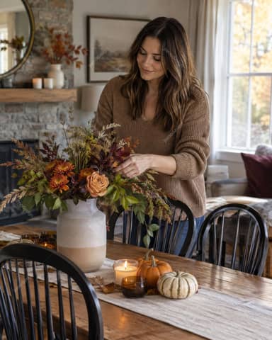 Woman Creating An Autumn Floral Arrangement With Pumpkins