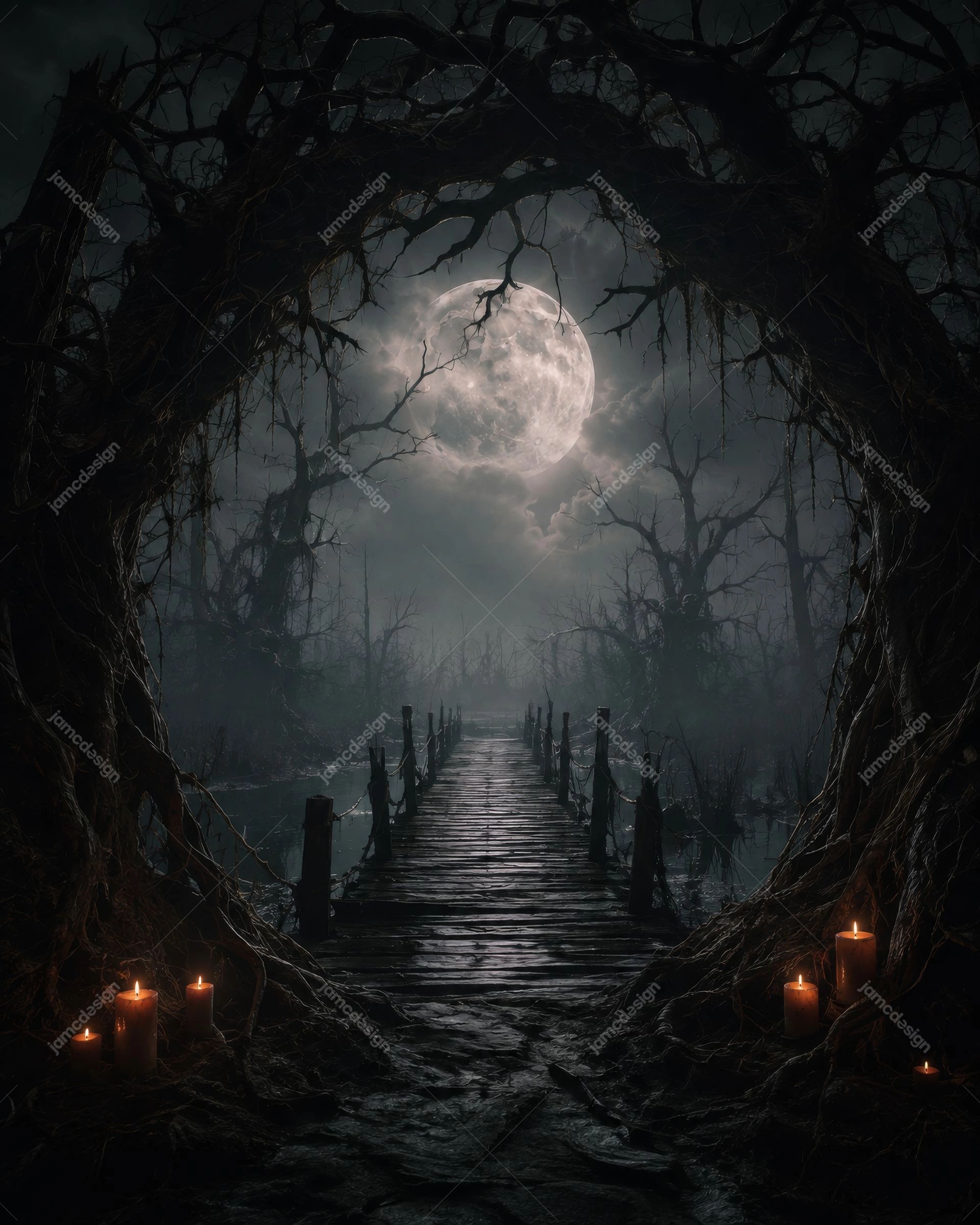 Haunted Swamp Bridge Full Moon Halloween Background. JPG background showing a haunted swamp bridge beneath a full moon, framed by twisted trees