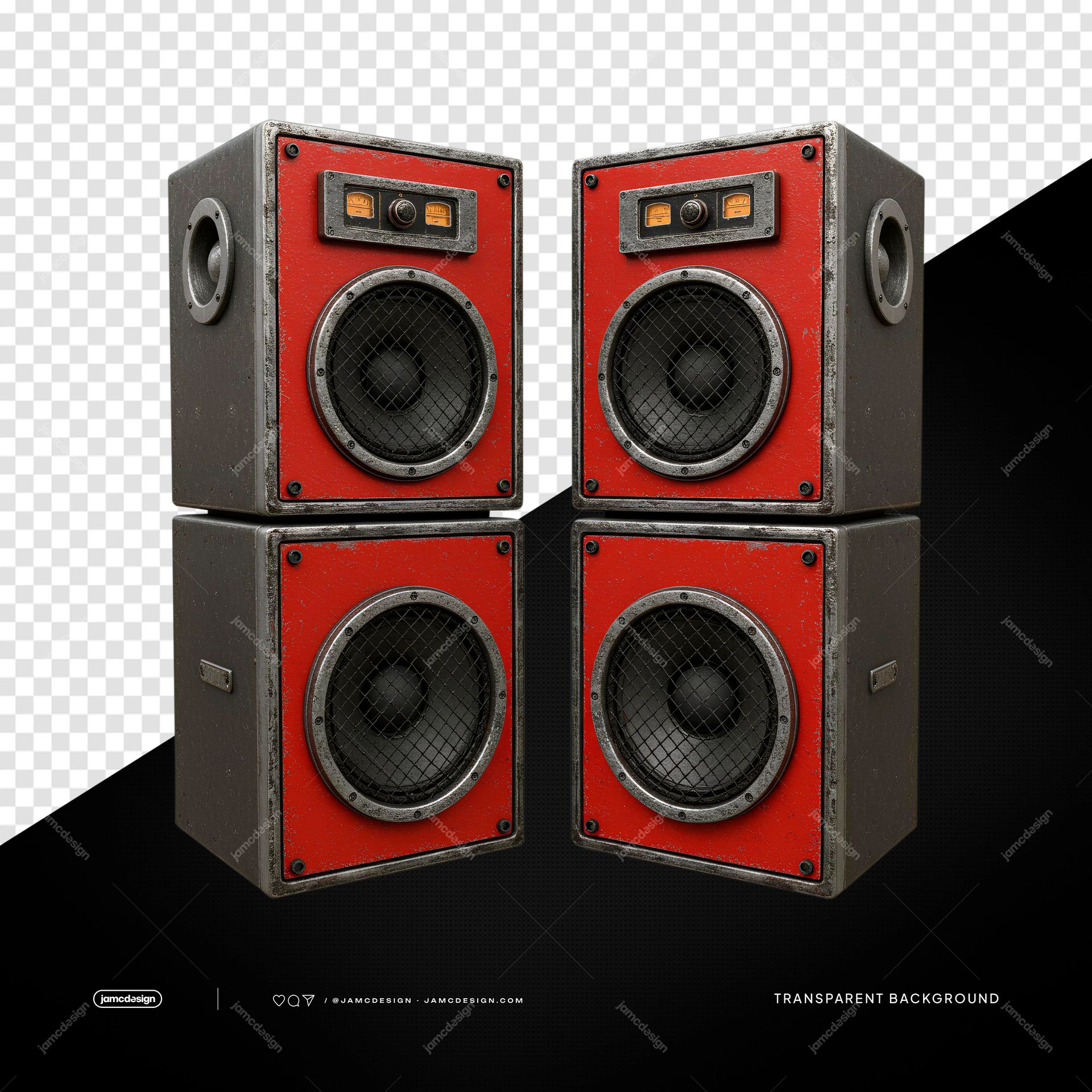 Red And Black Four Way Speaker Stack PNG Transparent. Four way speaker stack supplied as a PNG transparent object