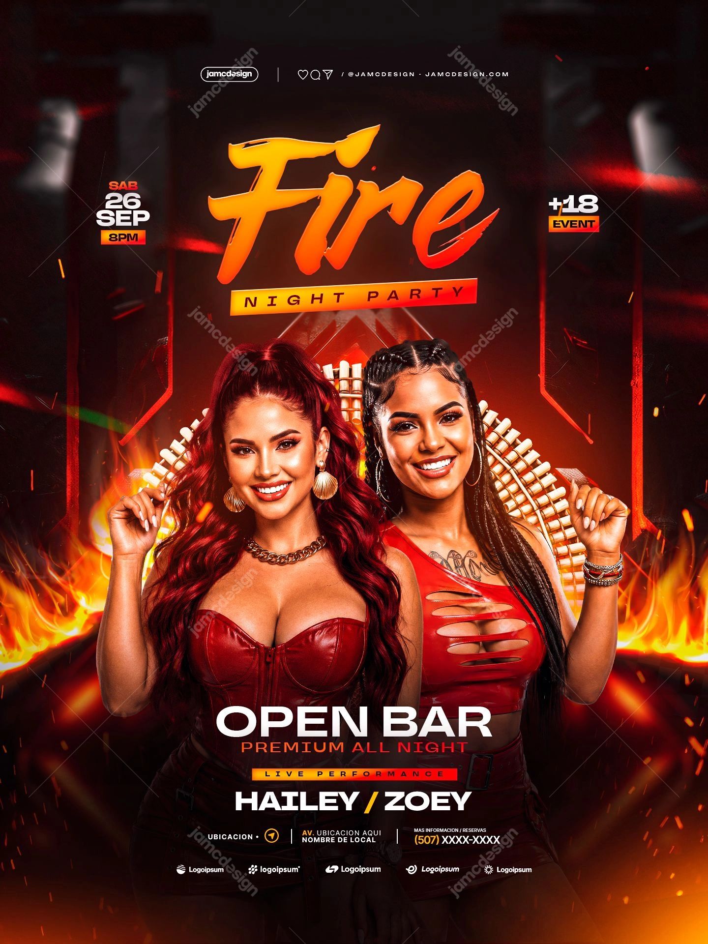 Fire-Themed Night Party Flyer Template PSD. Download this editable PSD event flyer featuring two women in red outfits amid vivid flames