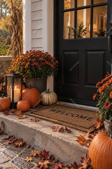 Autumn Front Porch With Pumpkins And Chrysanthemums