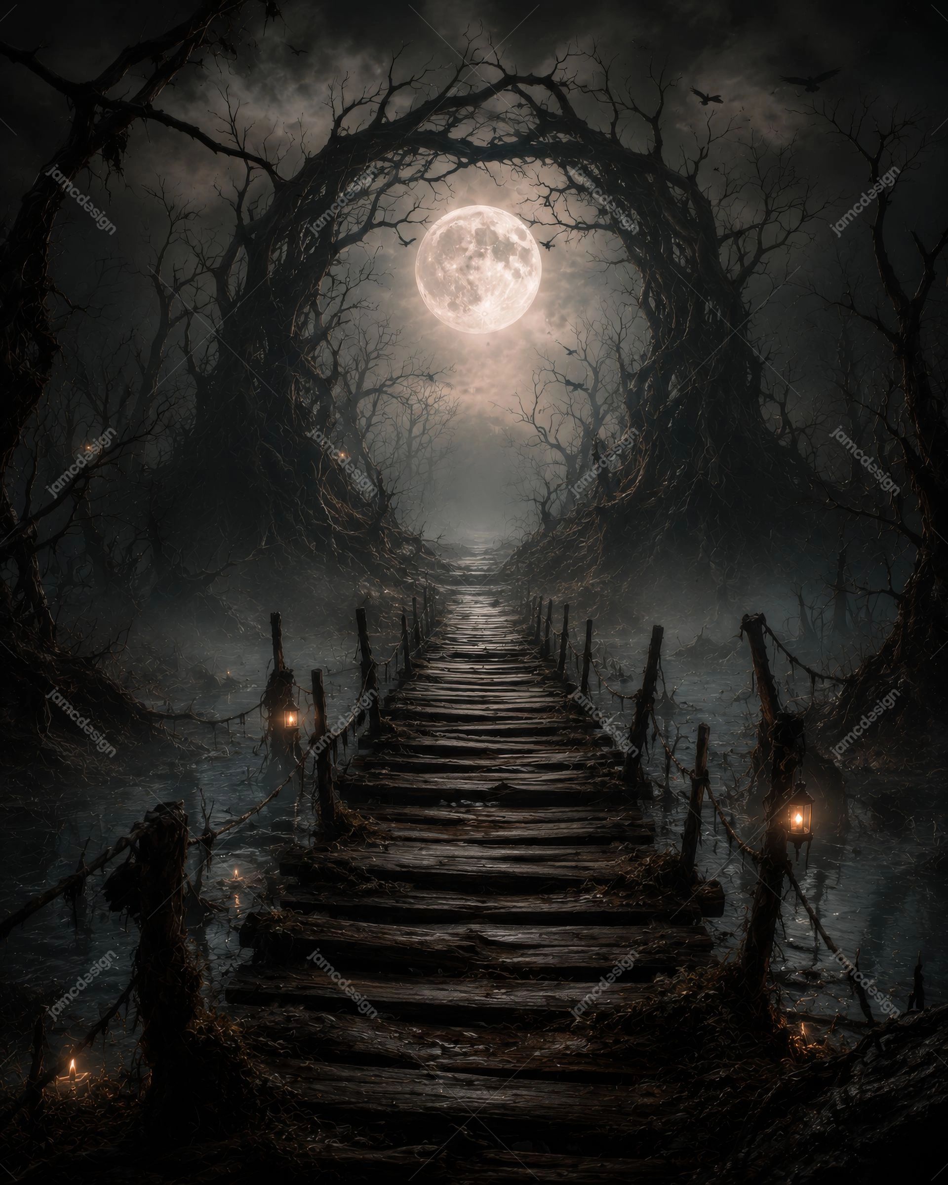 Stone Arch Portal Full Moon Halloween Background. JPG background showing a dark forest with a weathered wooden bridge, twisted bare trees