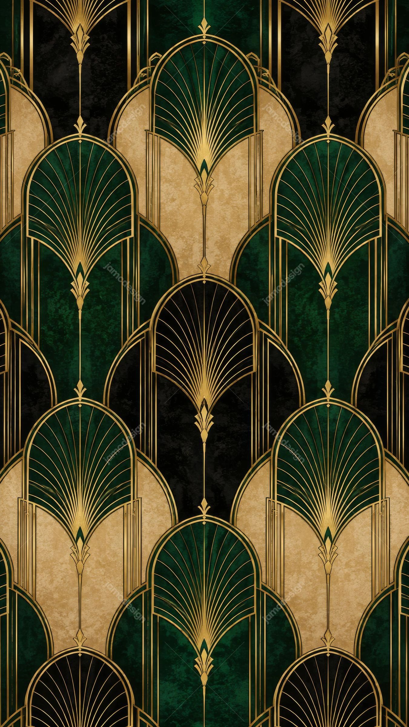 Luxury Green Gold Art Deco Pattern. JPG pattern featuring repeating Art Deco fan motifs in deep green, black and gold, with ornate frames