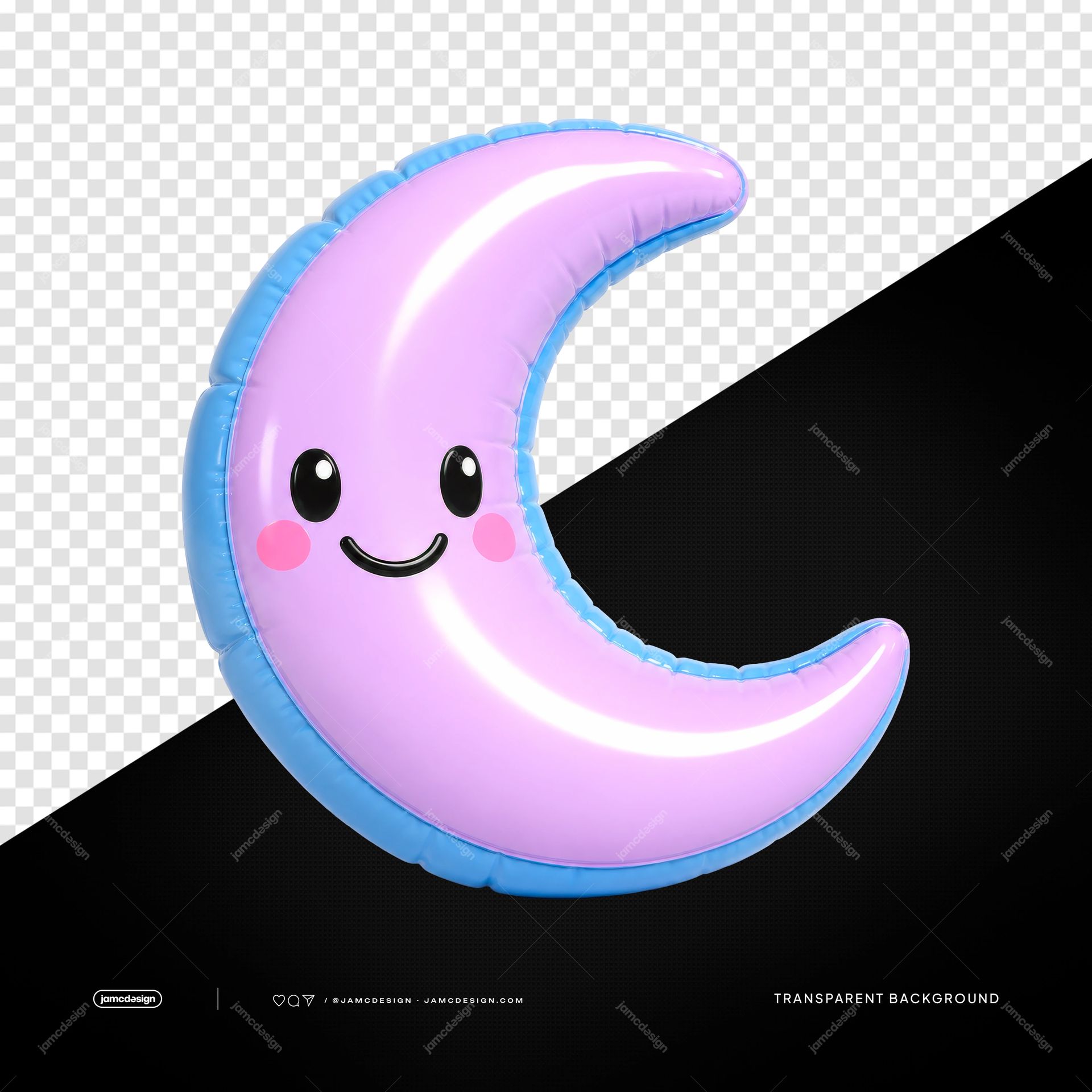 Cute Saturn Balloon Sculpture Isolated. PNG transparent object featuring a cute crescent moon shaped balloon with a smiling face