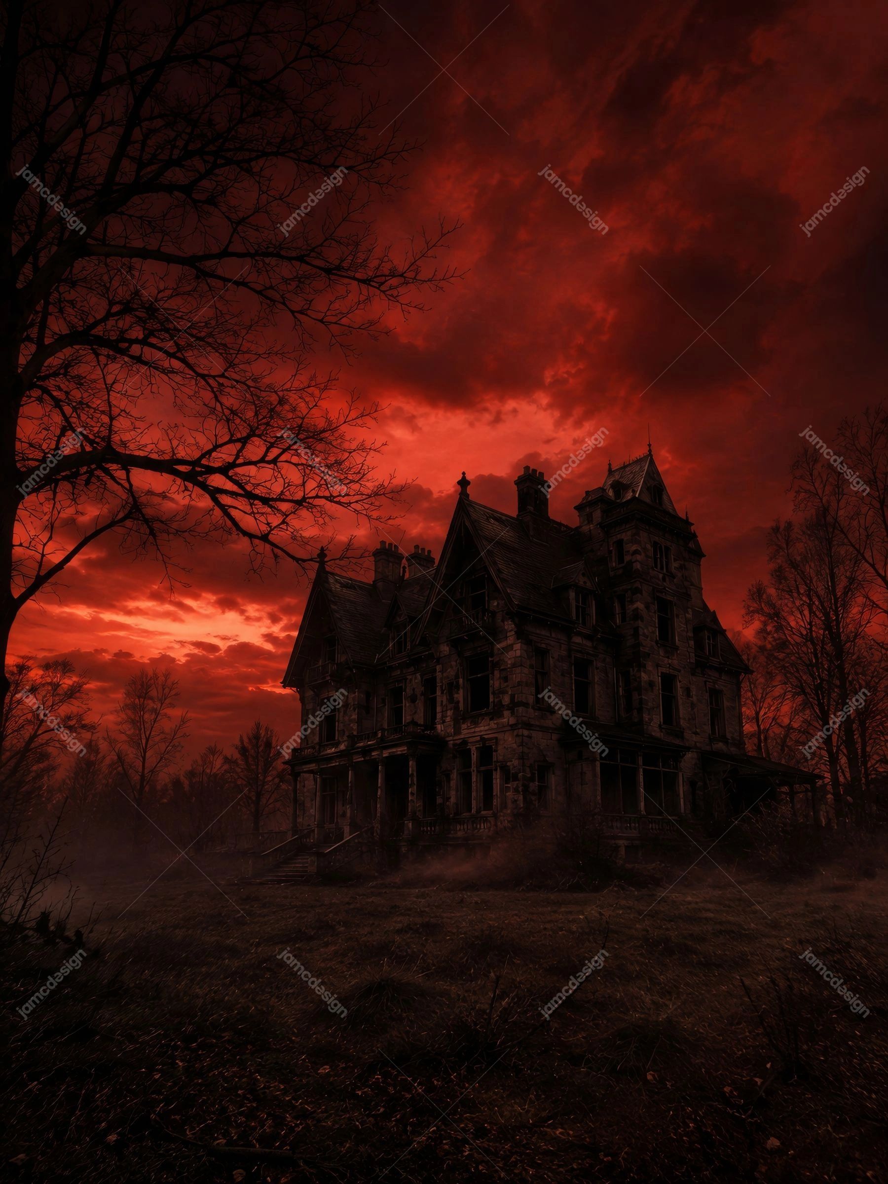Crimson Haunted Mansion Halloween Dark House Background. Crimson haunted mansion background supplied as a JPG
