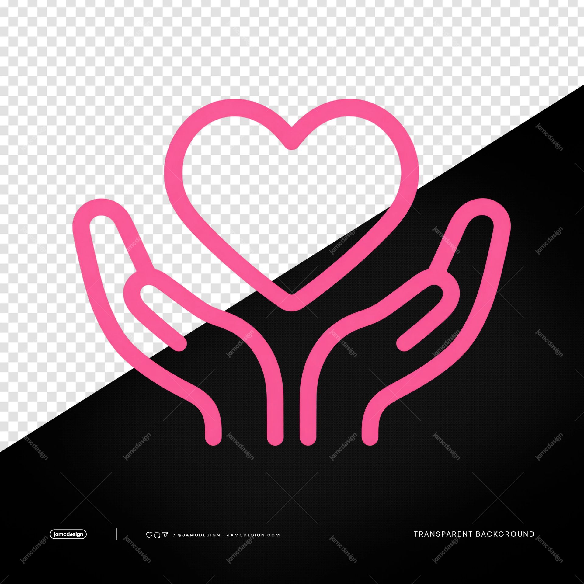 Pink Heart Held In Open Hands Icon PNG. This PNG transparent object shows two open hands supporting a bright pink outlined heart in a clean, simple line style