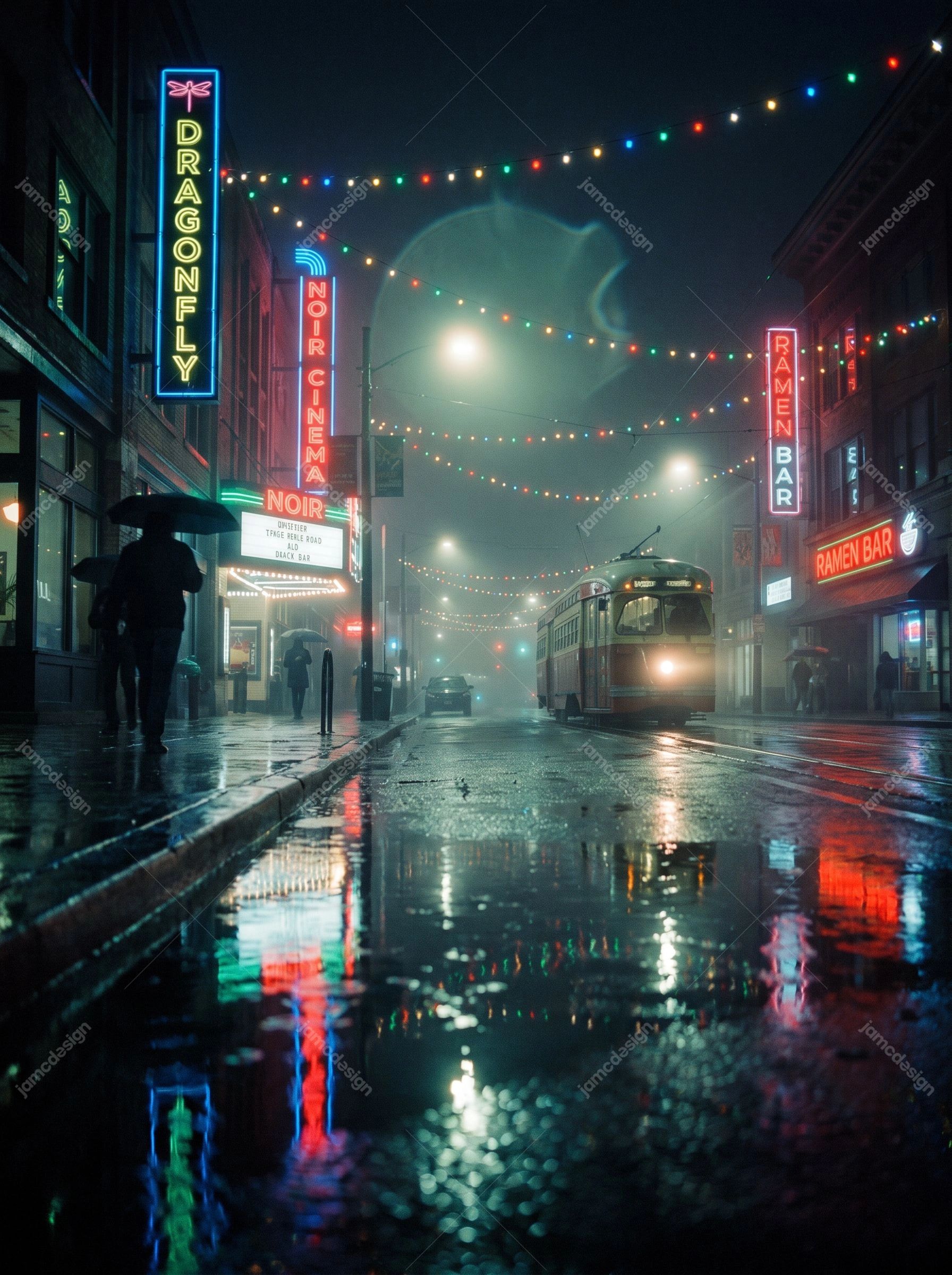 Rainy Neon-Lit City Street On New Year's Eve. Download this JPG photo of a rainy city street at night, showing a tram, pedestrians