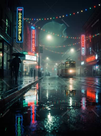 Rainy Neon-Lit City Street On New Year's Eve