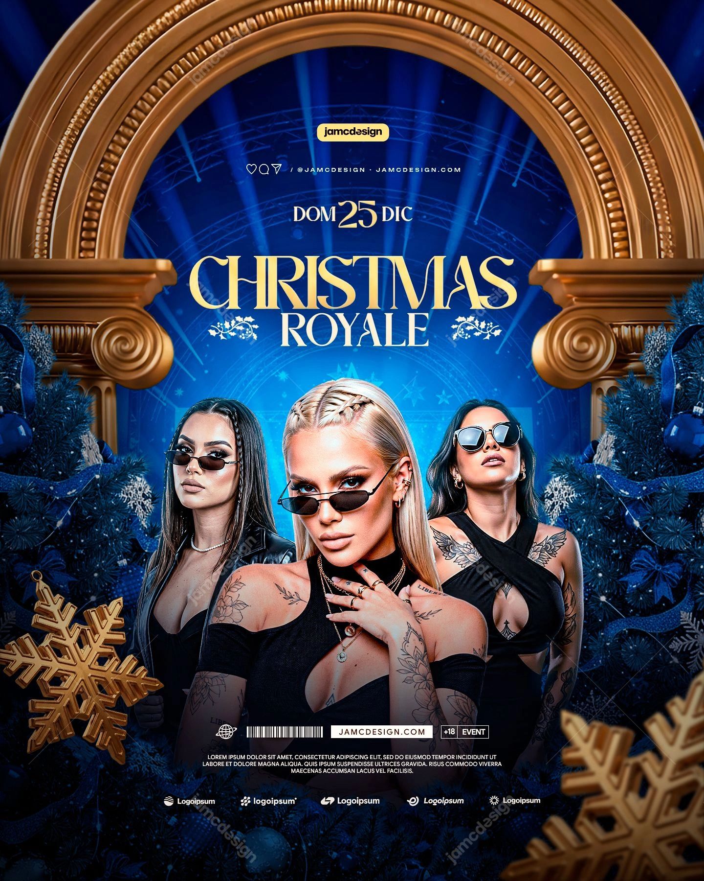 Christmas Royale Party Flyer Template PSD. Download this PSD event flyer template for a Christmas party, with three women framed by an ornate gold arch