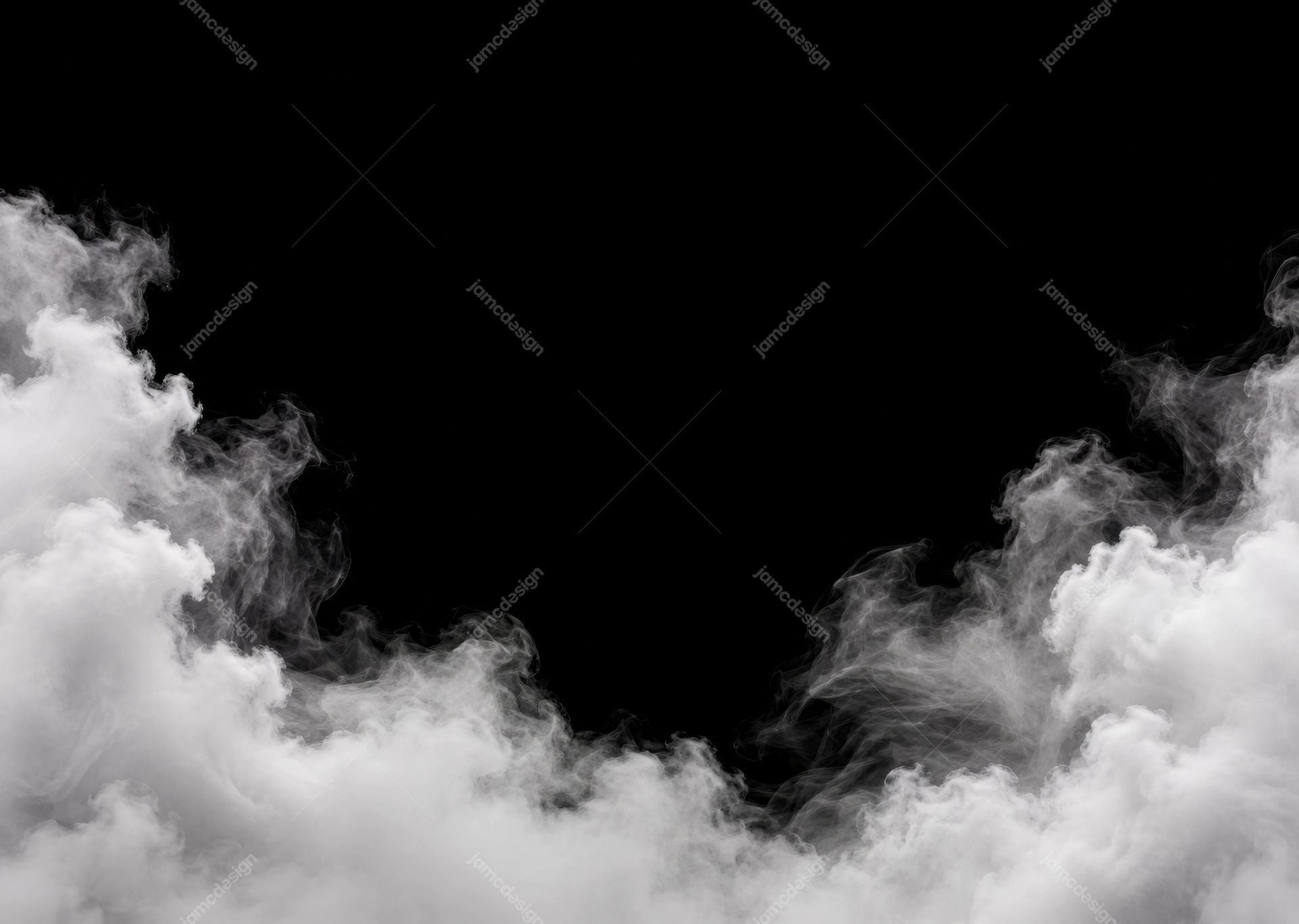 White Smoke Overlay On Black Background. White smoke curls inward from the edges, forming an open frame around a dark center in this realistic PNG overlay