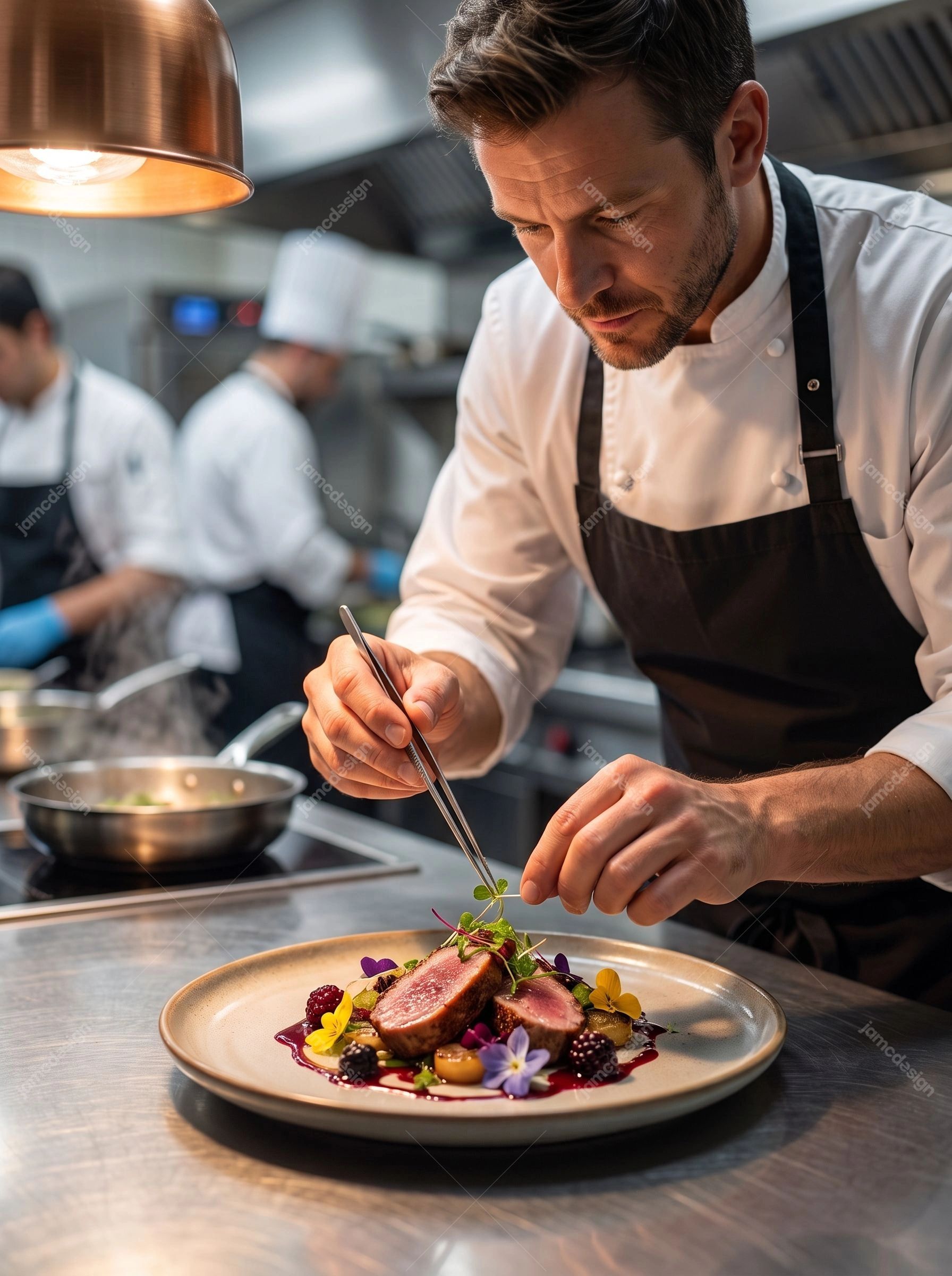 Professional Chef Plating Gourmet Dish In Restaurant Kitchen. JPG photo of a professional male chef carefully plating a gourmet dish in a commercial restaurant