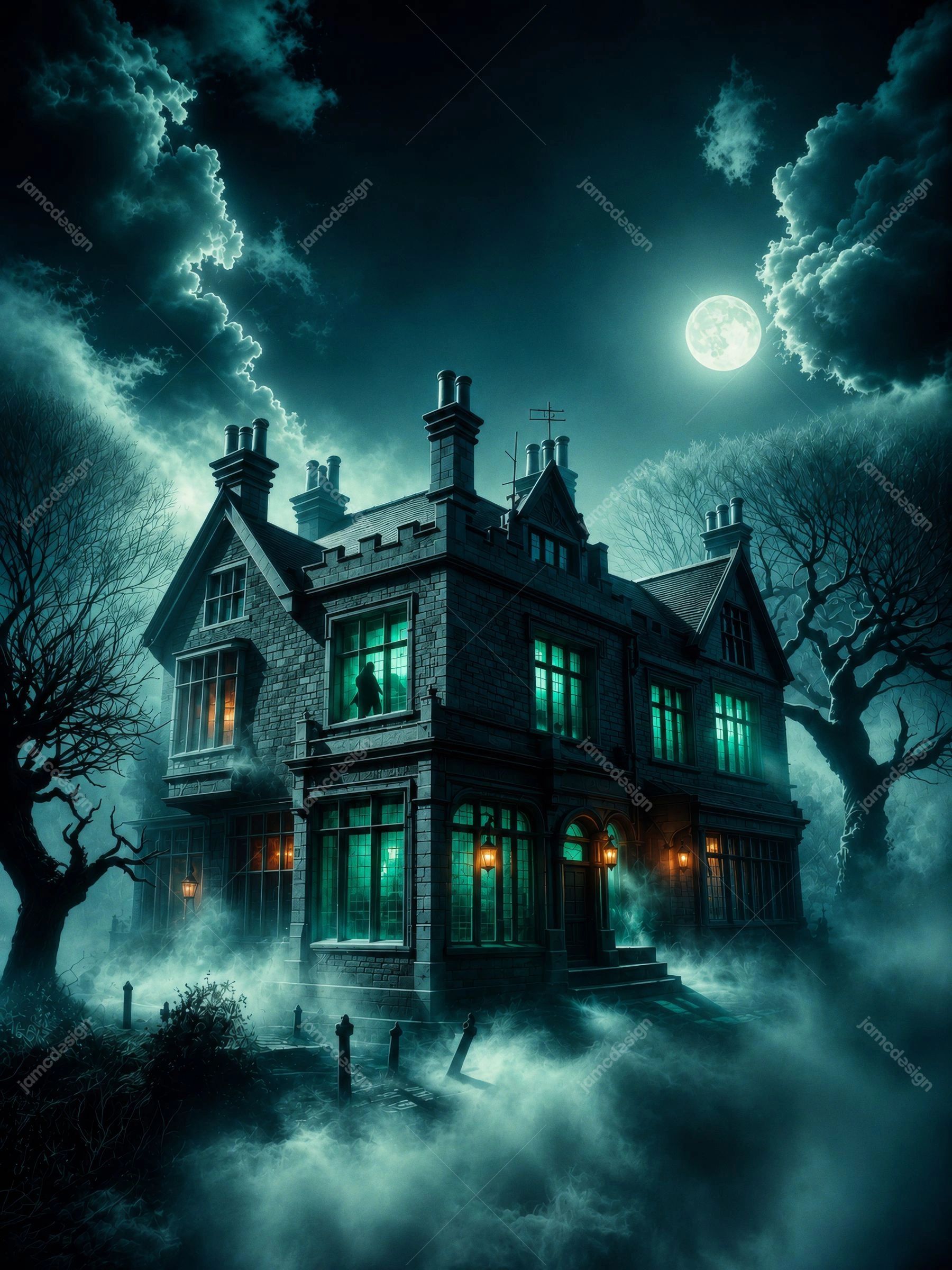 Fundo De Casa Mal-Assombrada Com Lua Cheia Halloween E Neblina Sombria. Fundo em JPG com uma casa mal-assombrada gótica sob uma lua cheia brilhante