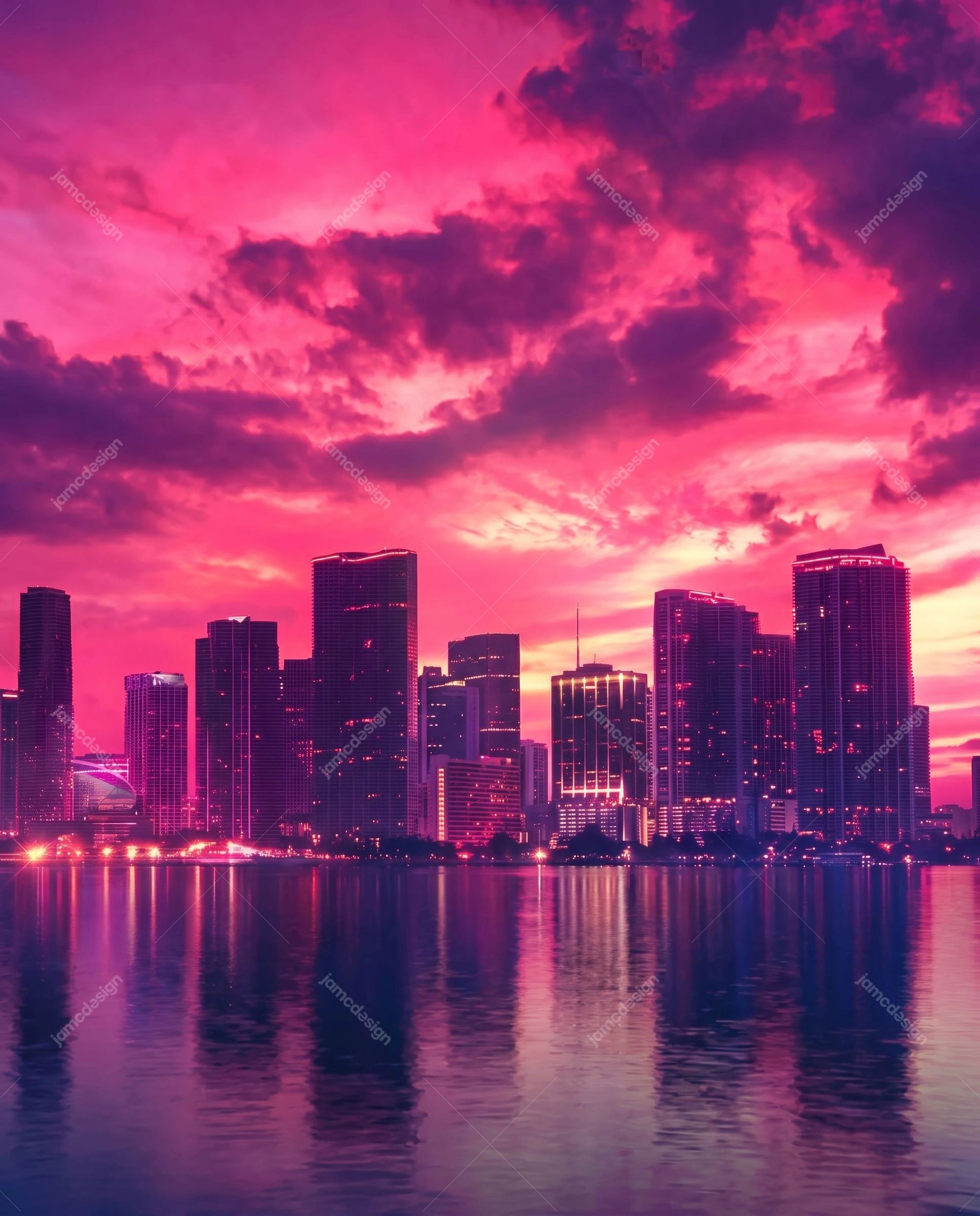 Fondo De Ciudad Al Atardecer Rosa. Este fondo JPG combina un perfil urbano con nubes rosas intensas al atardecer y torres iluminadas que se reflejan