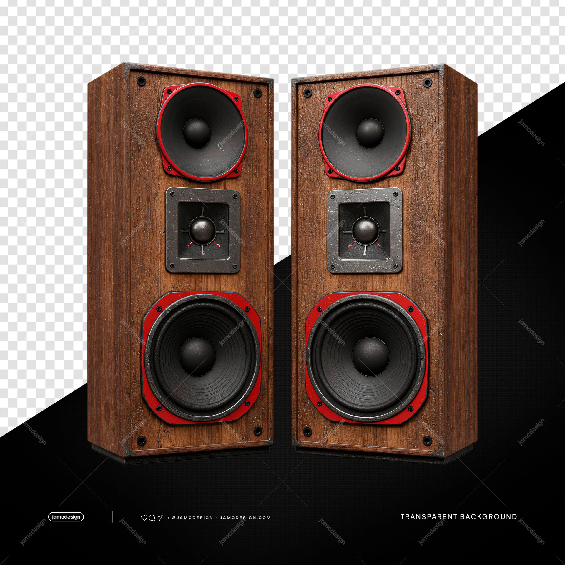 Vintage Wooden Hi Fi Speaker Pair With Red Trim PNG Transparent. A PNG transparent object showing a pair of vintage wooden hi fi speakers with red trim