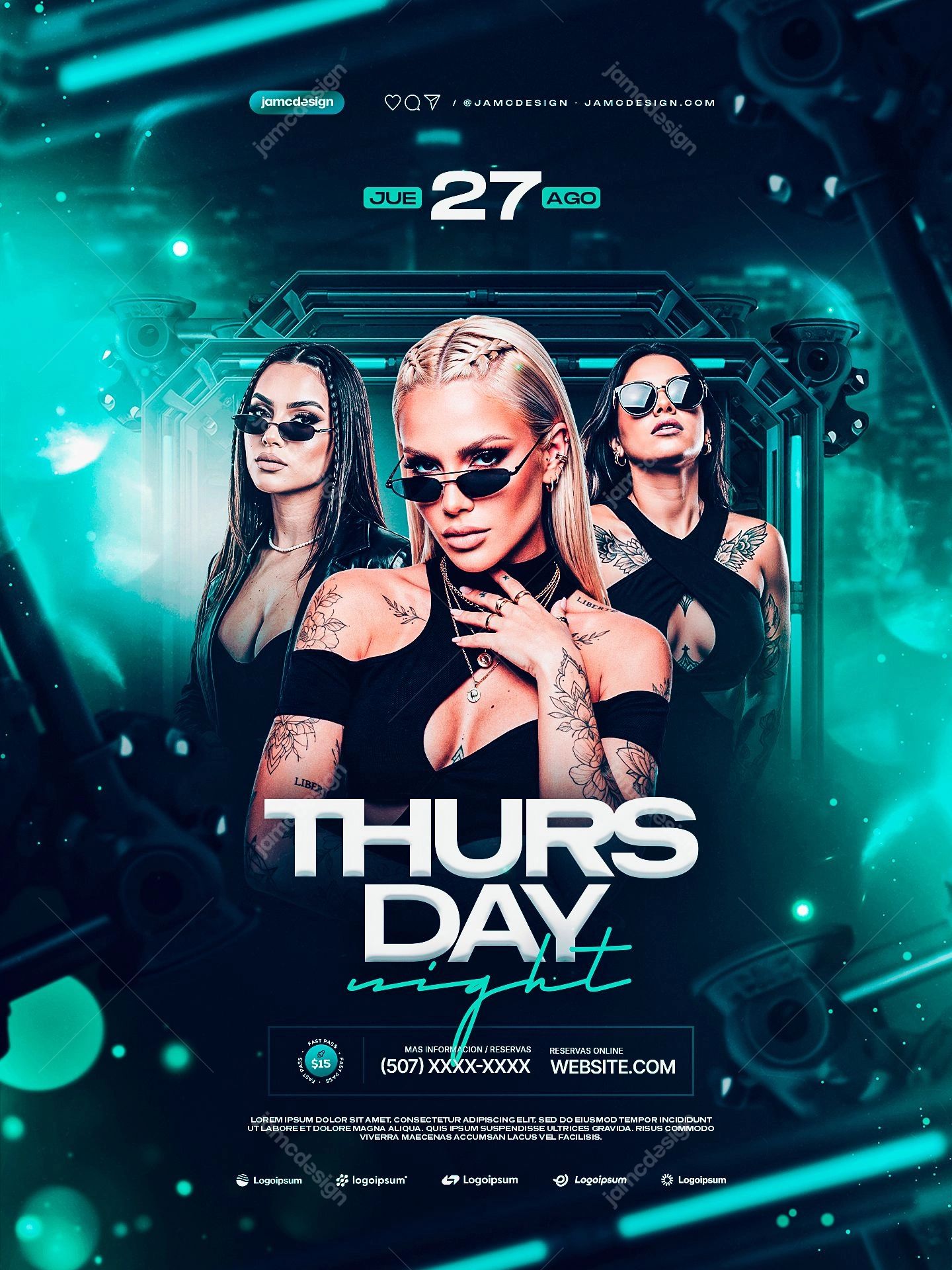 Thursday Night Club Flyer With Turquoise Neon PSD. Editable PSD event flyer template for a Thursday night club promotion