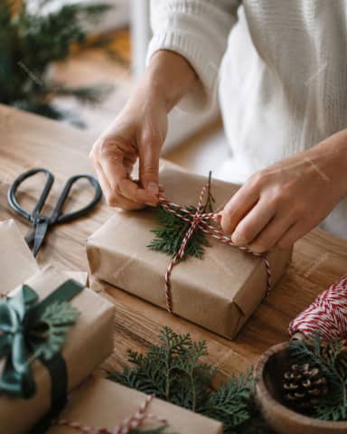 Manos Envolviendo Un Regalo Navideño De Papel Kraft