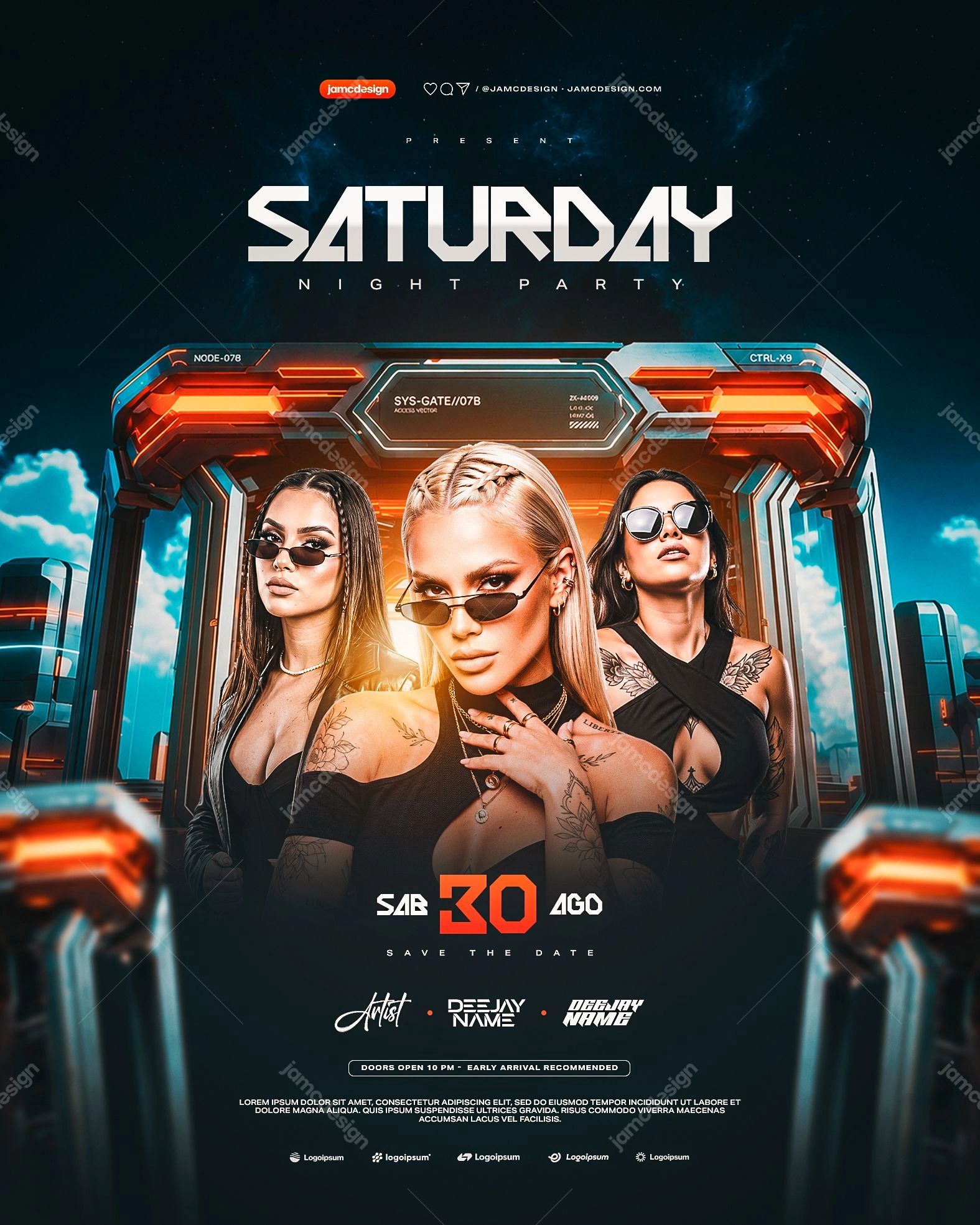 Saturday Night Party Event Flyer Template PSD Editable. Editable PSD template for a Saturday night event flyer with a dark sci-fi composition