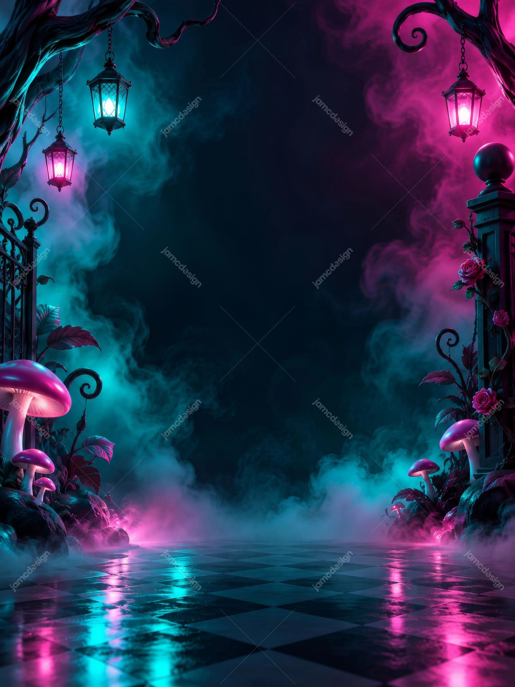 Neon Forest Background With Glowing Mushrooms. Download this JPG background showing a neon forest path framed by wrought iron gates, hanging lanterns