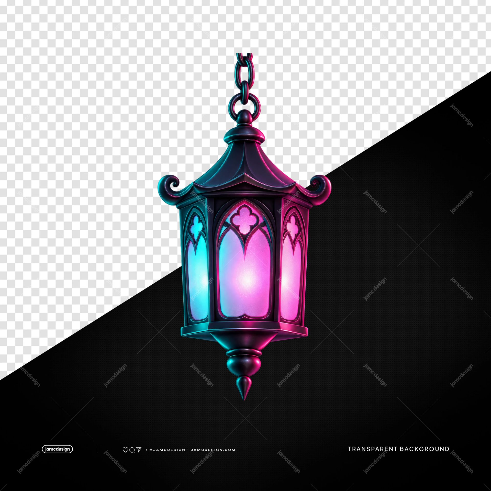 Gothic Hanging Lantern With Cyan And Pink Glow PNG. This transparent object PNG features an ornate Gothic hanging lamp with cyan and pink glowing panels