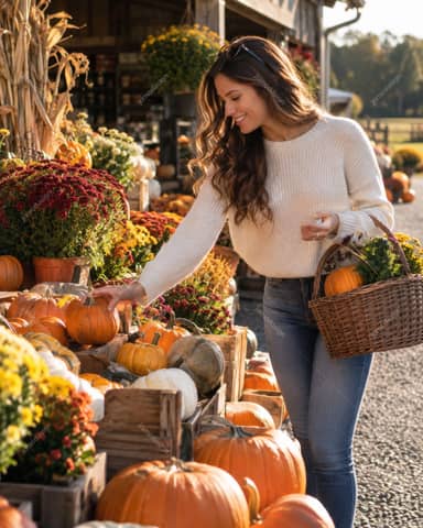 Mujer Comprando Calabazas Entre Flores Otoñales