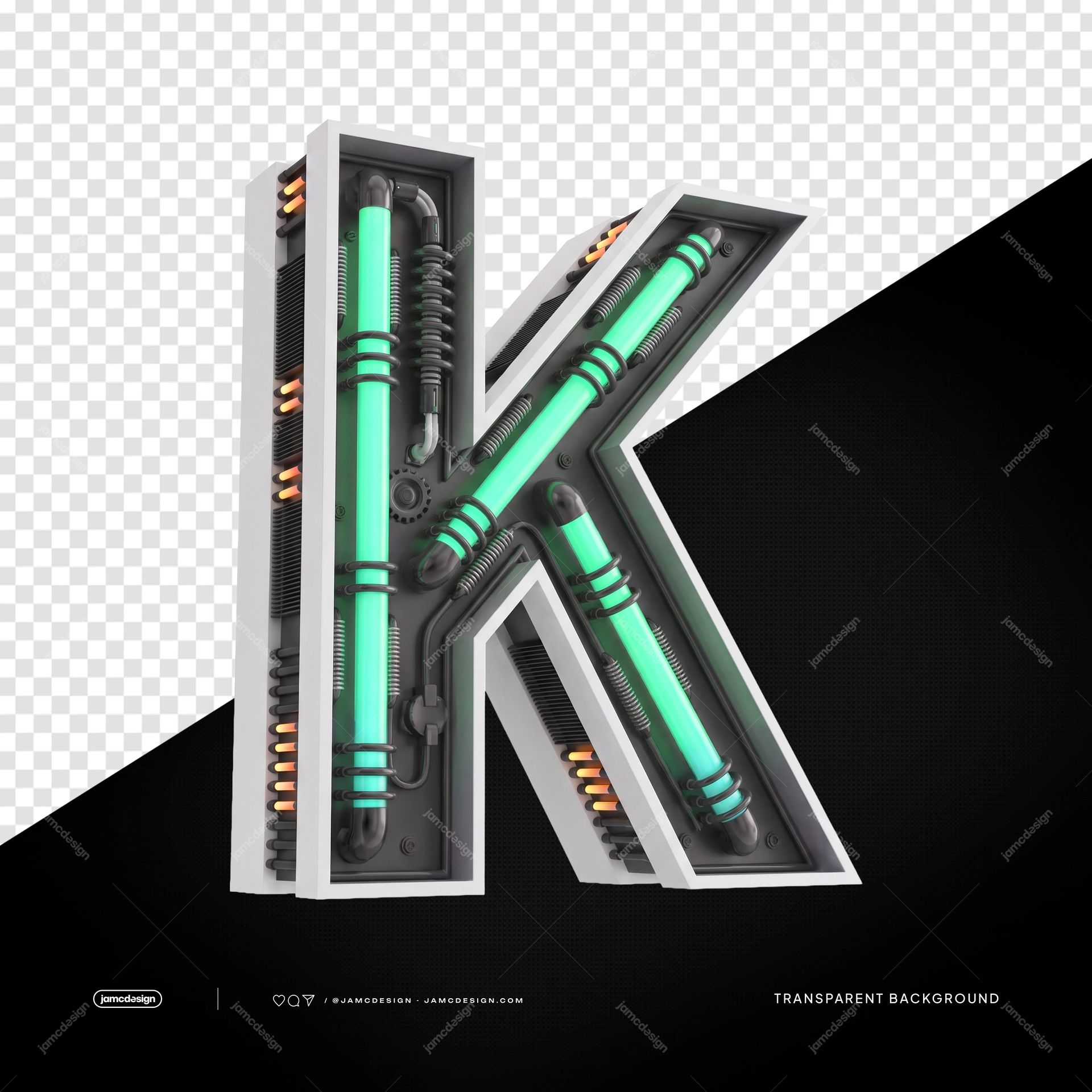 Fondo Transparente PNG Letra K Neón Industrial Futurista 3D. Letra K industrial 3D suministrada como PNG con fondo transparente