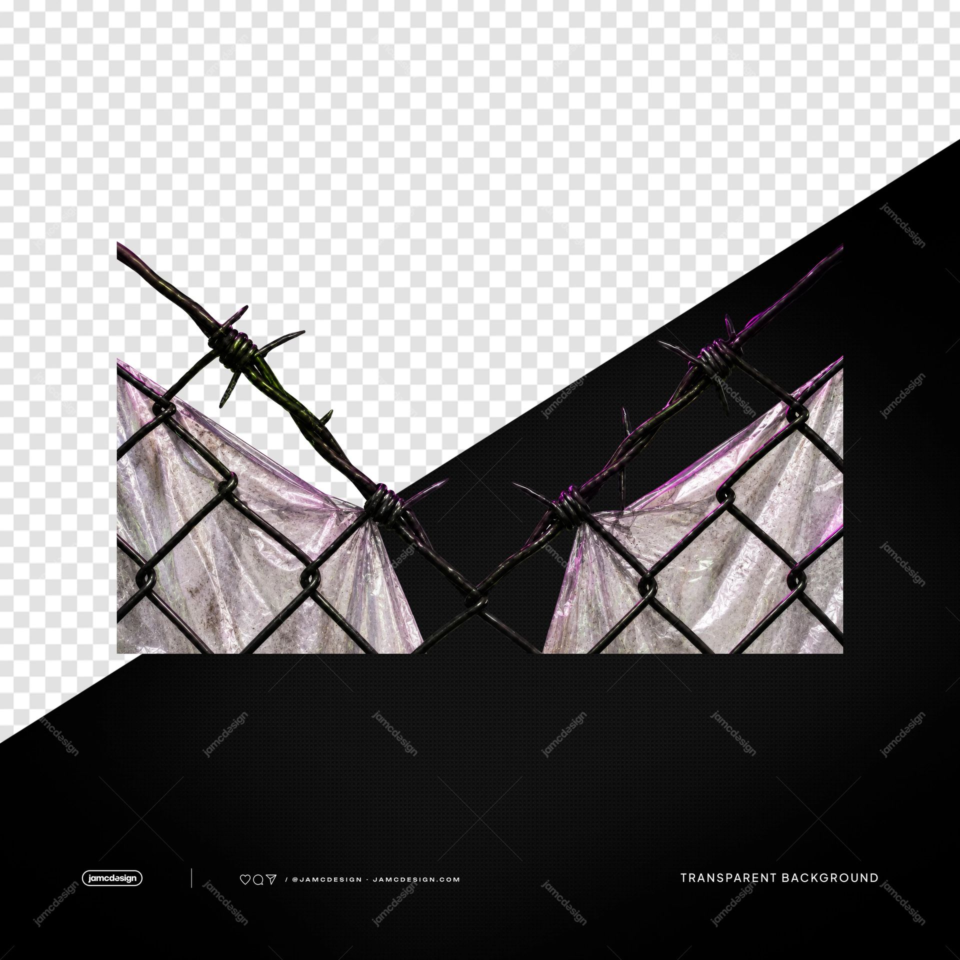 Barbed Wire Chain Link Fence With Plastic PNG Transparent. PNG transparent object showing a barbed wire chain link fence with reflective plastic sheeting