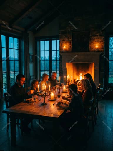 Family Thanksgiving Dinner In A Rustic Interior