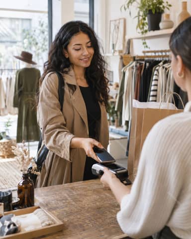 Woman Paying By Phone At Boutique Checkout