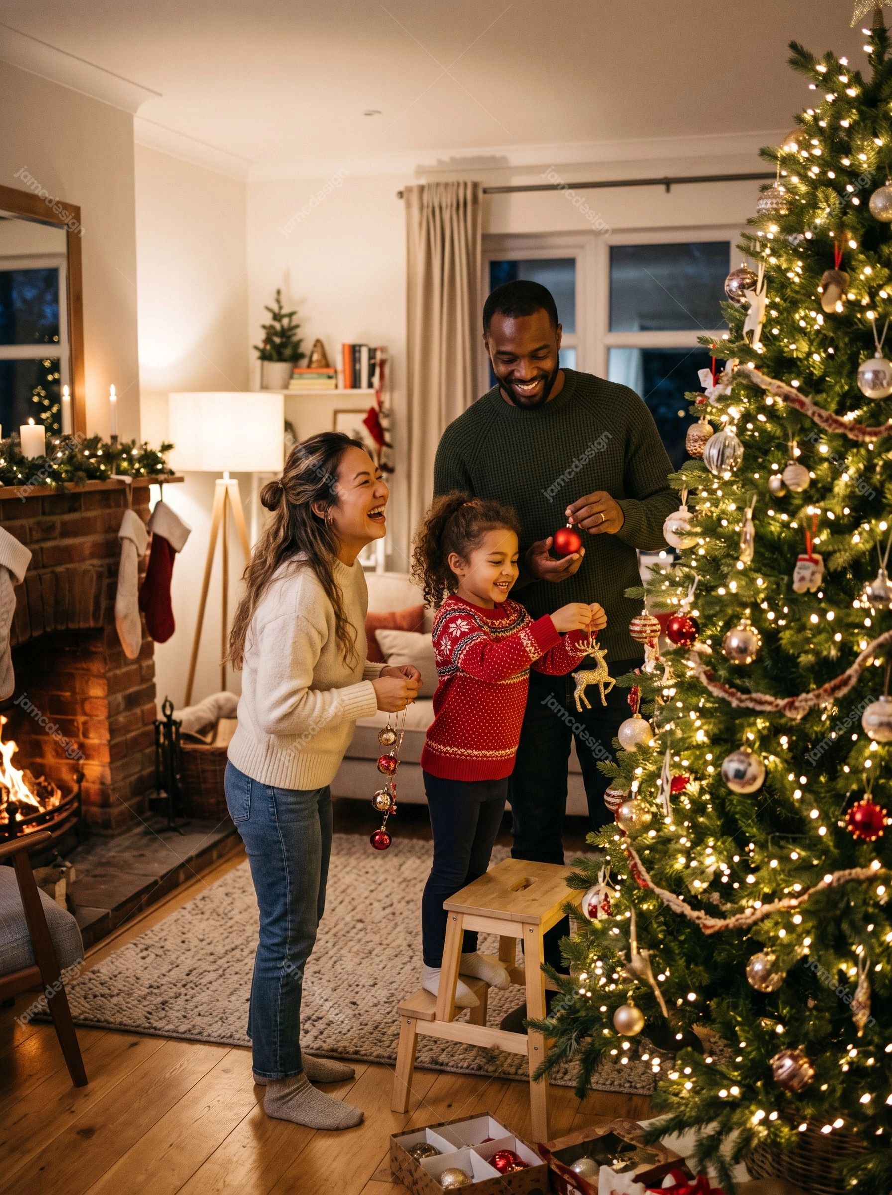 Family Decorating Christmas Tree At Home. Download this realistic JPG photo of a family decorating a glowing Christmas tree at home, with a man