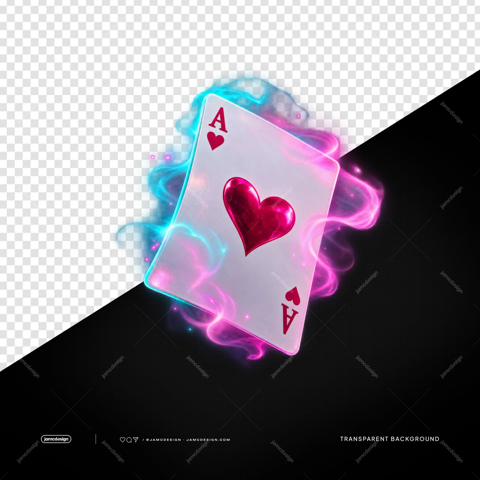 Neon Ace Of Hearts Card Wrapped In Colorful Smoke PNG. Download this transparent object PNG of a glowing ace of hearts card wrapped in pink and cyan smoke