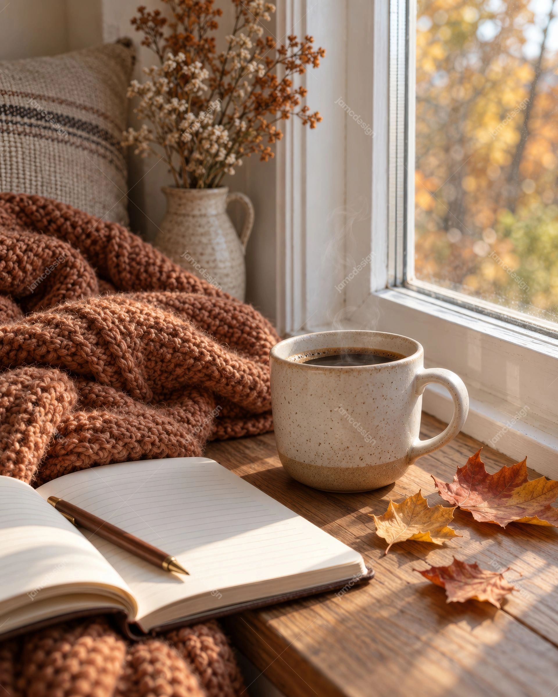 Café D'Automne Et Carnet Ouvert Avec Couverture Tricotée. Téléchargez cette photo JPG d’une tasse de café chaleureuse et d’un carnet ouvert près d’une fenêtre