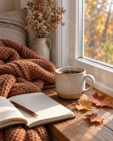 Autumn Coffee And Open Notebook With Knitted Blanket